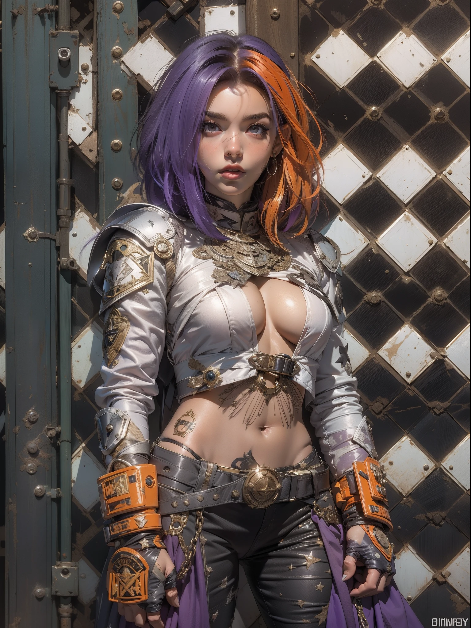 (((mulher))), (((melhor qualidade))), (((obra prima))), (((adulto))), (((1girl))), ((( corte de cabelo bob ))), Uma gladiadora cyberpunk mulher de 25 anos com corpo perfeito, shoulder pads with metal spines, Gladiadores do Brooklyn, (( corte de cabelo bob )), tiny leather panties, camiseta de time de rugby rasgada, quase nua no estilo selvagem urbano de Simon Bisley para a capa da revista Heavy Metal, Cabelo loiro curto, Minimum clothing, Metal protection on the left arm with intricate graphics, dark orange with white stars and white and purple checkerboard pattern, armadura, cheio de pontas e rebites, (((do joelho pra cima))), cabelos loiro branco curto, no fundo uma parede pintada por Shepard Fairey com um design intrincado