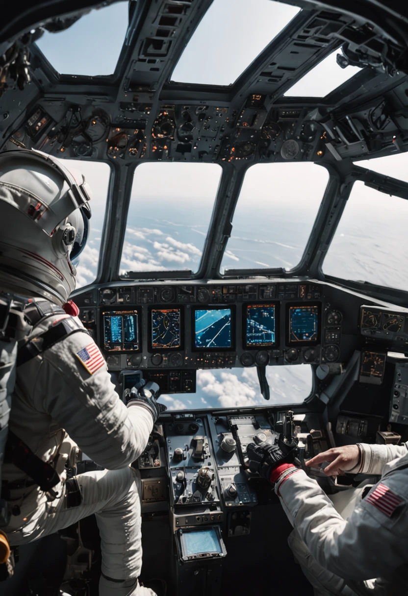 space ship、flight deck、Earth outside the window、Two pilots、battleship、Schrovetti、mirai、A cinematic scene,The lens goes from the outside to the inside