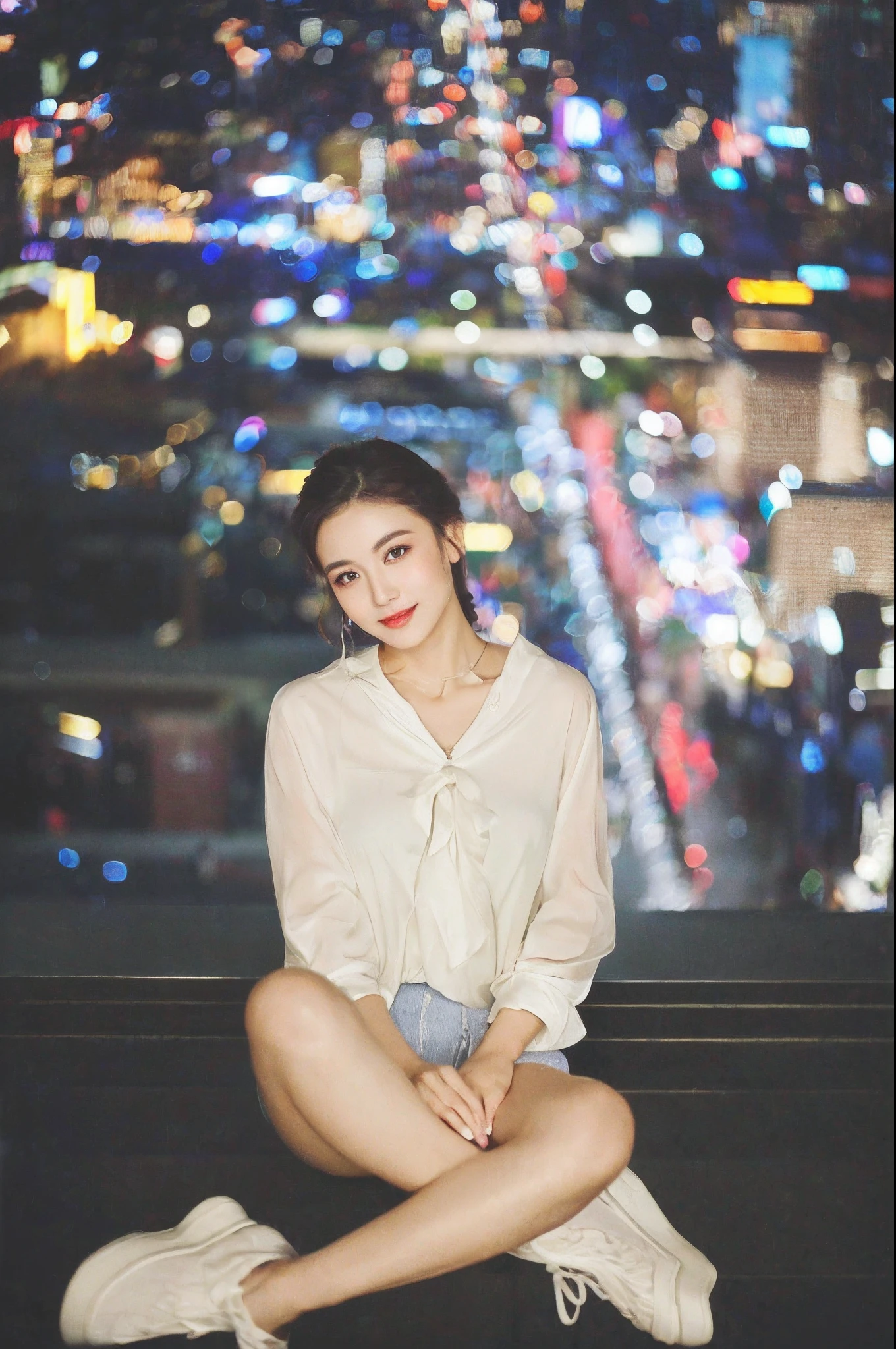 (8K, RAW photo, Photorealistic:1.25) ,( Gloss on lips,glossy finish, Glossy glossy skin, Best quality, 超A high resolution, color difference, Caustics, Wide light, naturalshadow) look with serenity and goddess-like bliss to the spectators,(depth of fields:1.6), (colorful unfocused lights on background:1.2) ,very natural make-up,Cloudy day shooting ，Large breasts，slender eyes.downcast eyes. A distant look in her eyes、Smile，(Gorgeous summer dress)(Fashion professional model)、Radio City、Medium hair