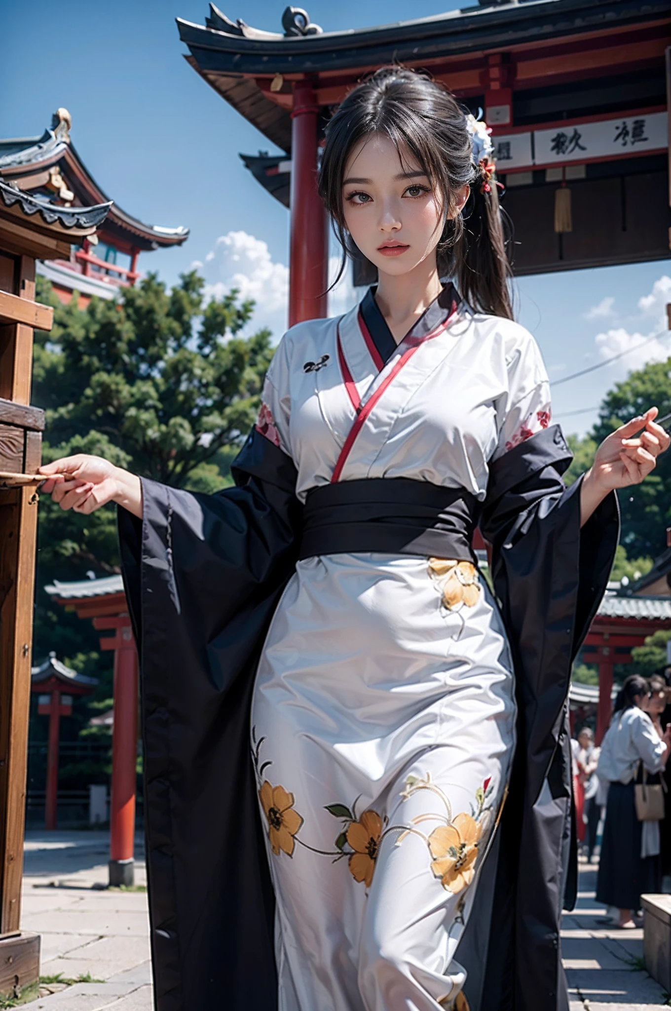 (realistic:1.3), finely detailed, quality, rembrandt lighting, (masterpiece:1.2), (photorealistic:1.2), (best quality), (detailed skin:1.3), (intricate details), dramatic, ray tracing, 1girl, japanese girl, 21 years old, detailed skin texture, (blush:0.5), (goosebumps:0.5), subsurface scattering, smiling, medium breasts, updo hair, bangs, hair between eyes, hair ornaments, (wearing Haute_Couture,edgHC_dress), edgEF, a dress with flowers and leaves on it, wearing edgEF eastern clothing, full body, (bright sunny day, indoors, eastern asian decorations, eastern asian architecture),  <lyco:edgEasternFantasyCouture:1.0>