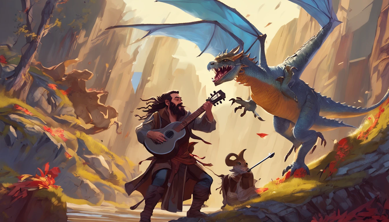 Bard playing a lute to distract a dragon