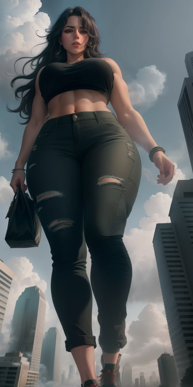 "A towering Giantess in a cool and laid-back hippie style is rocking a crop top and baggy pants. Her toned and athletic build hints at her massive strength. She seems to be casually strolling through the bustling cityscape of GTS City, as towering buildings loom overhead. Smoke and clouds roil around her, adding to the sense of epic scale and drama. The lighting is dark, gloomy, and realistic, creating a tense and ominous atmosphere. The perspective is from below, emphasizing the sheer majesty and power of the Giantess."
