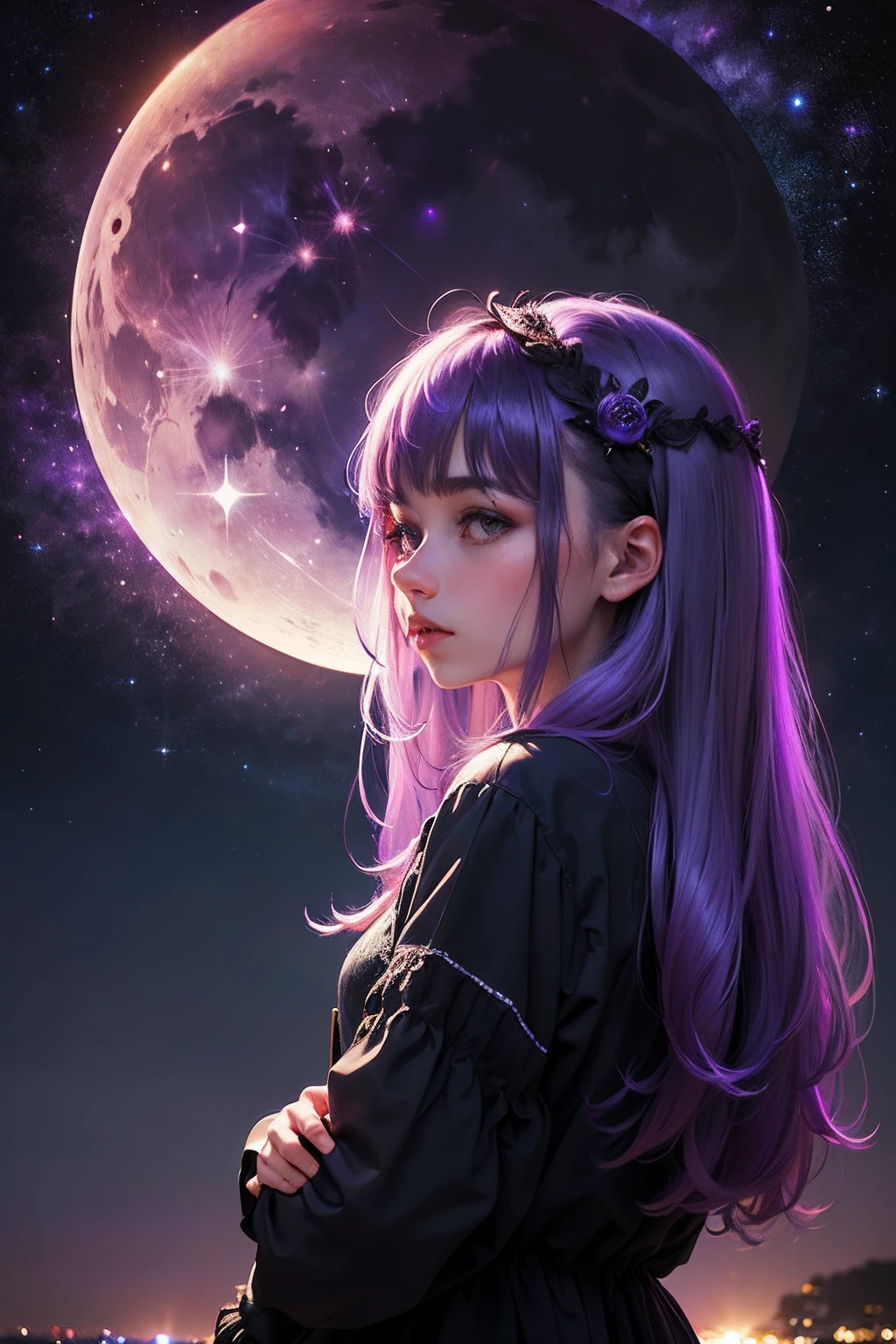 nigth,starrysky,Purple Moon,mistic