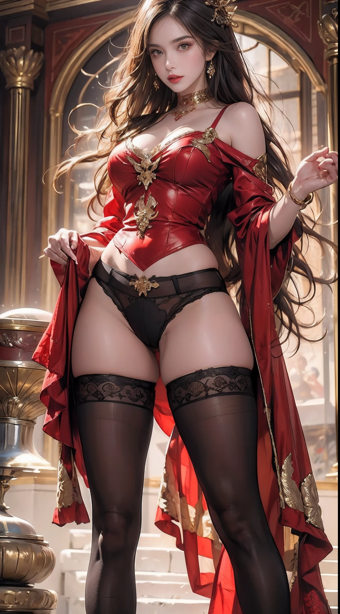 ((Masterpiece, Highest quality)), Detailed face, CharacterDesignSheet，full bodyesbian, Full of details, Multiple poses and expressions, Highly detailed, Depth, Many parts，beuaty girl，cinmatic lighting，with light glowing，Red and gold，Phoenix decoration，light yarn，Lace，lacepantyhose，high-heels