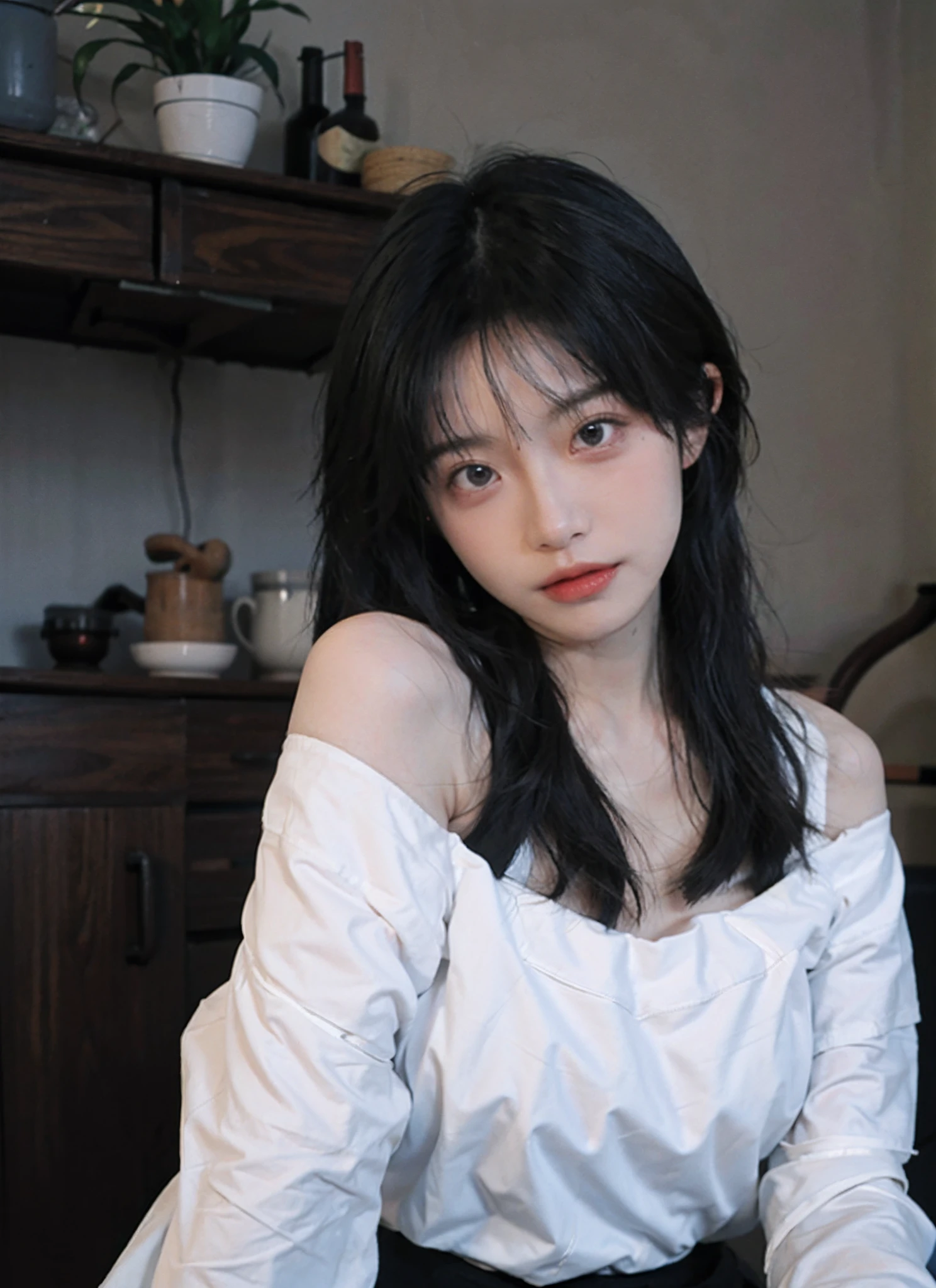 best qualtiy, 超高分辨率, (realisticlying:1.4), 2 Twins, A pair of clear and flexible eyes,Off-shoulder white shirt, Black tight skirt, (Faded gray-gray hair:1), (big cleavage breasts:1.2), looking at viewert, closeup cleavage ,