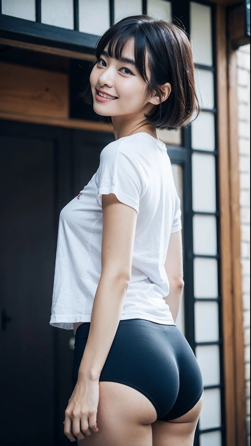 (top-quality、8K、32K、masterpiece、nffsw:1.2)、Photo of a cute Japanese woman、Black short hair、large full breasts、(Detailed white loose t-shirt:1.2)、((Dark blue bloomers))、(Dark blue bloomers)、Look at viewers、looking-down、A smile、Entrance to the apartment、Full body like、all-fours、Image from the back