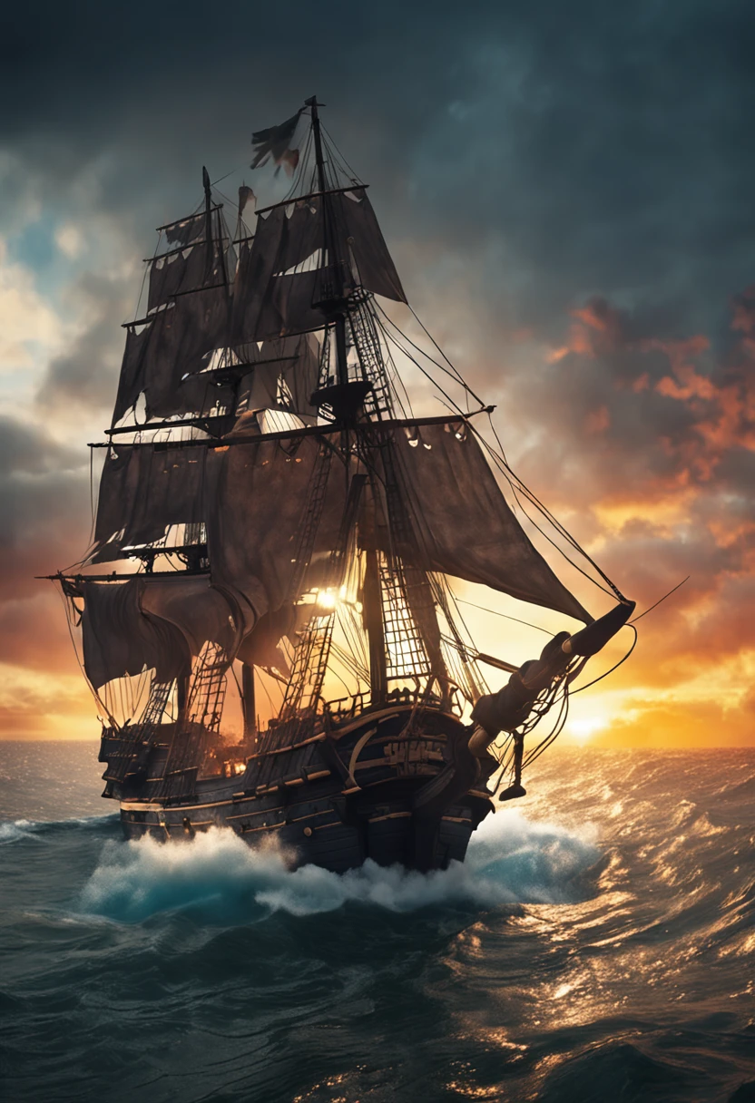 Pirate ship attacking merchant ship (time) (1718), cannon fire, fiery explosions, smoke filled sky, sinking ship, pirates on deck, early morning, (highly detailed:1.3) extreme detail, volumetric God rays, realistic, 8k resolution, vibrant colors.