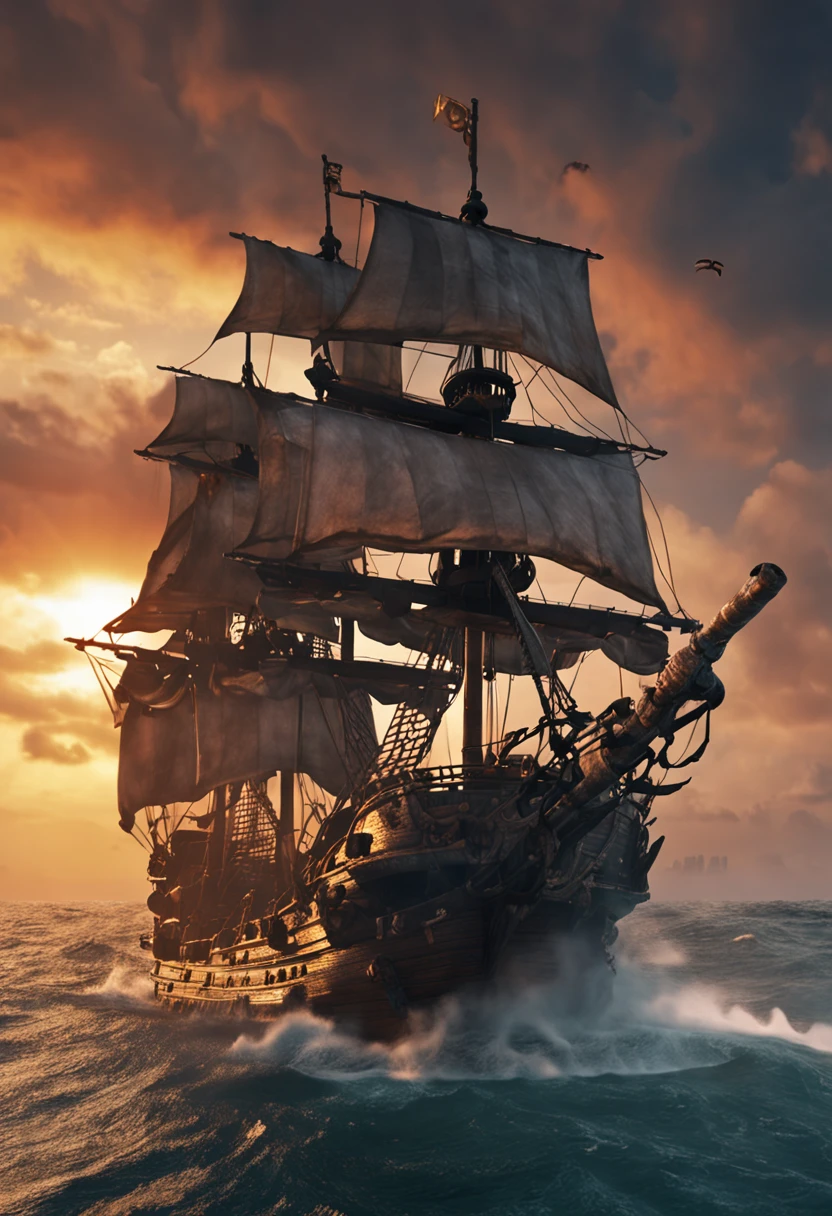 Pirate ship attacking merchant ship (time) (1718), cannon fire, fiery explosions, smoke filled sky, sinking ship, pirates on deck, early morning, (highly detailed:1.3) extreme detail, volumetric God rays, realistic, 8k resolution, vibrant colors.
