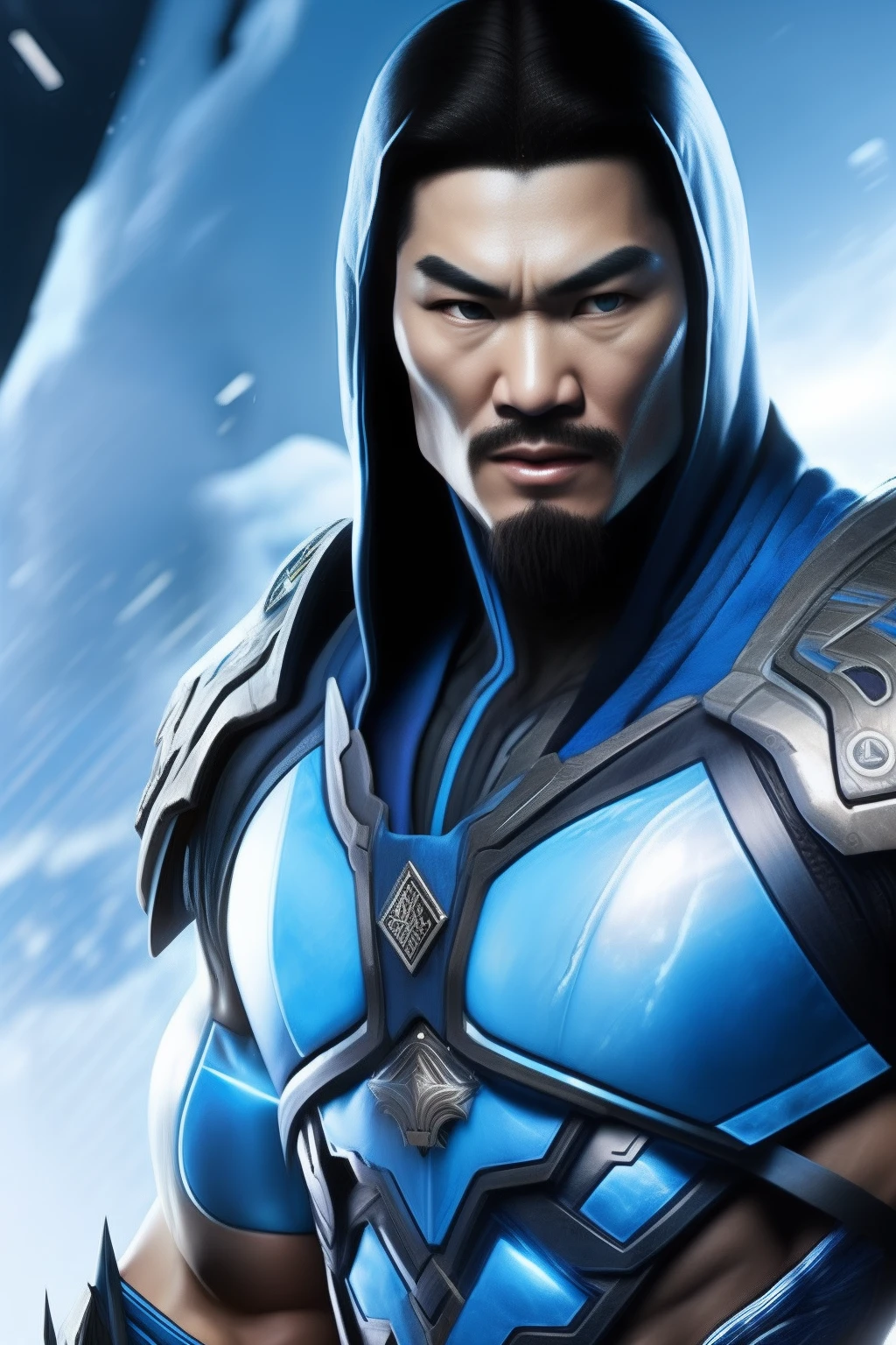 Cyber Sub-Zero、Men similar to Chow Yun-fat、The game is a Mortal Kombat character, Cyber Sub-Zero, Mortal Kombat, In battle Under construction, Preparing for a strike, ice background, Frozen tree on background, muscular body, (Athletic:1.07), For use, ninjartist, in full height, hight resolution, ighly detailed, hight resolution, 8K, Raw photo, Best Quality, masutepiece