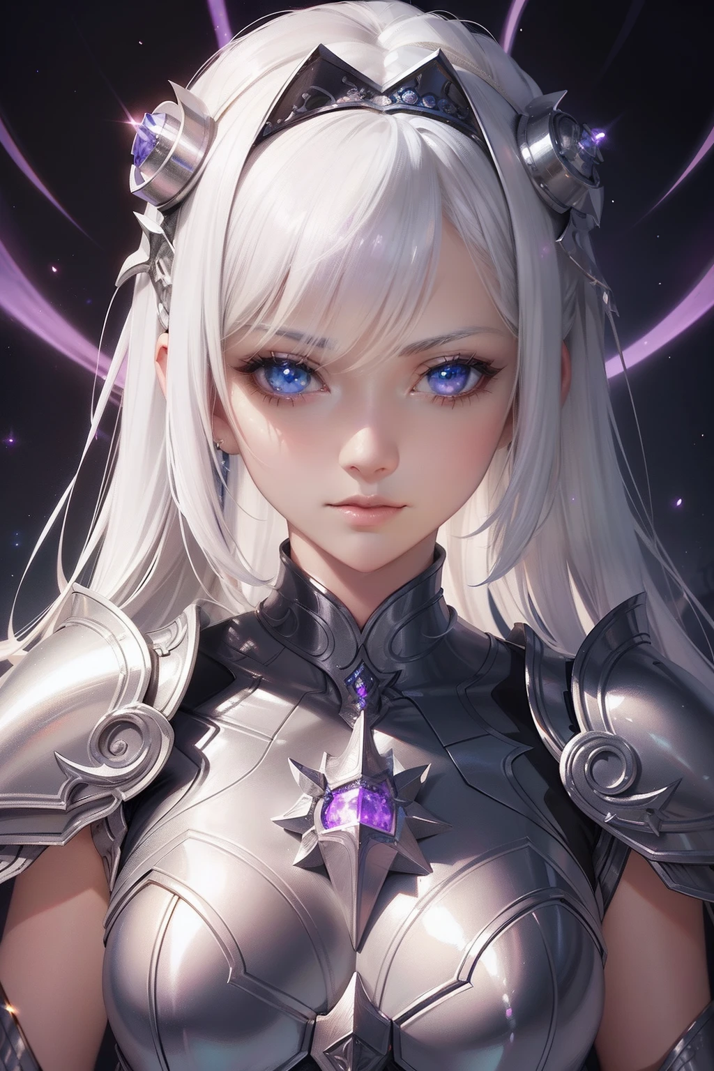 a closeup of a woman in a silver outfit with a purple light, zodiac girl knights, girl in armor, extremely detailed artgerm, 2.5d cgi anime fantasy art, anime fantasy illustration, girl knights portrait of the zodiac, white haired deity, anime fantasy art, detailed digital anime art, cushart krenz key female art, highly detailed exquisite fanart