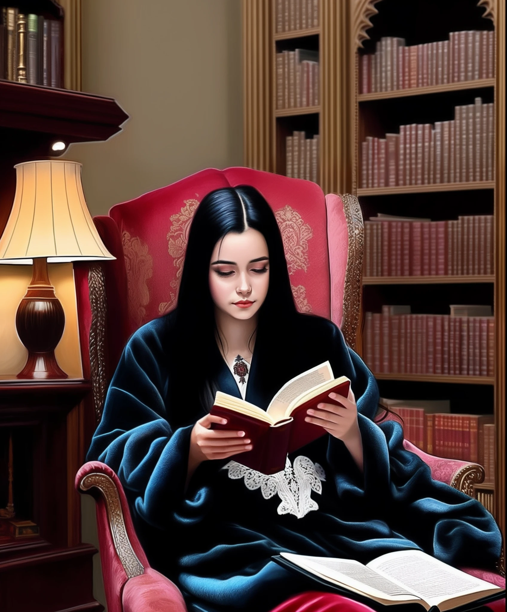 A young woman with long straight black hair in a velvet dressing gown sits in a back chair reading a book, In the Gothic library,Ultra detailed,