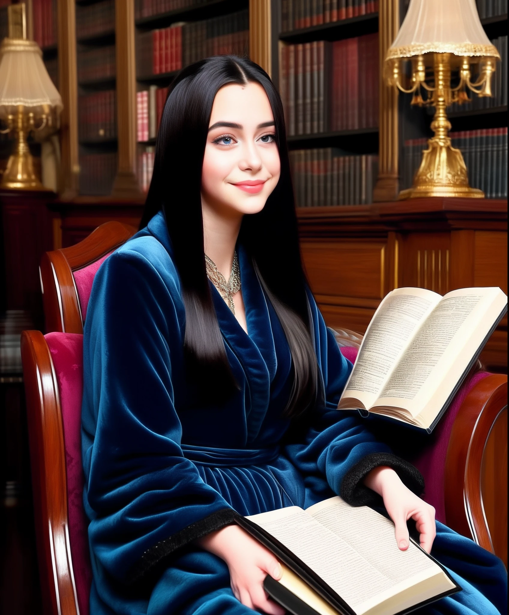 A young woman with long straight black hair in a velvet dressing gown sits in a back chair reading a book, In the Gothic library,Ultra detailed,