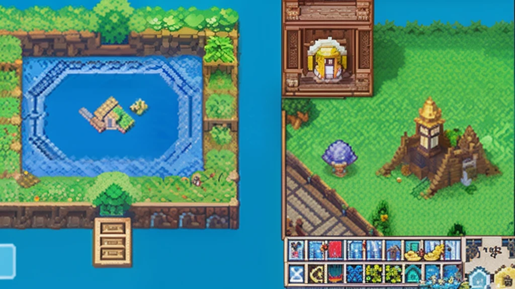 鸟山明风格，Flat pixel games《dragon quest》，Game scene design，（a paradise：1.4），16-bit pixels