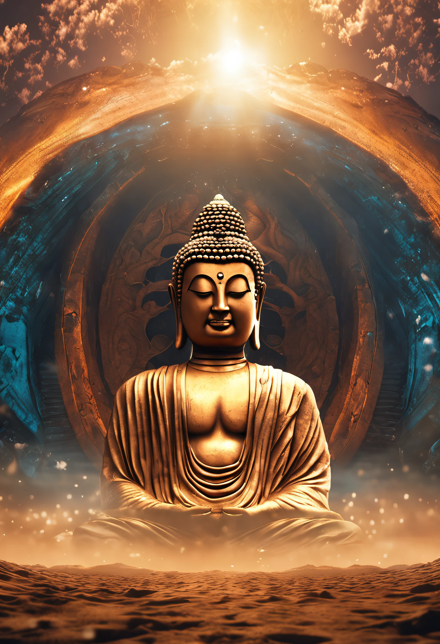 (fo)Buddha face,A Buddha in heaven and earth,Surrealism, high detail, Hyperrealism, stereogram, cinematic lighting, god rays, UHD, masterpiece, textured skin, best quality, highres