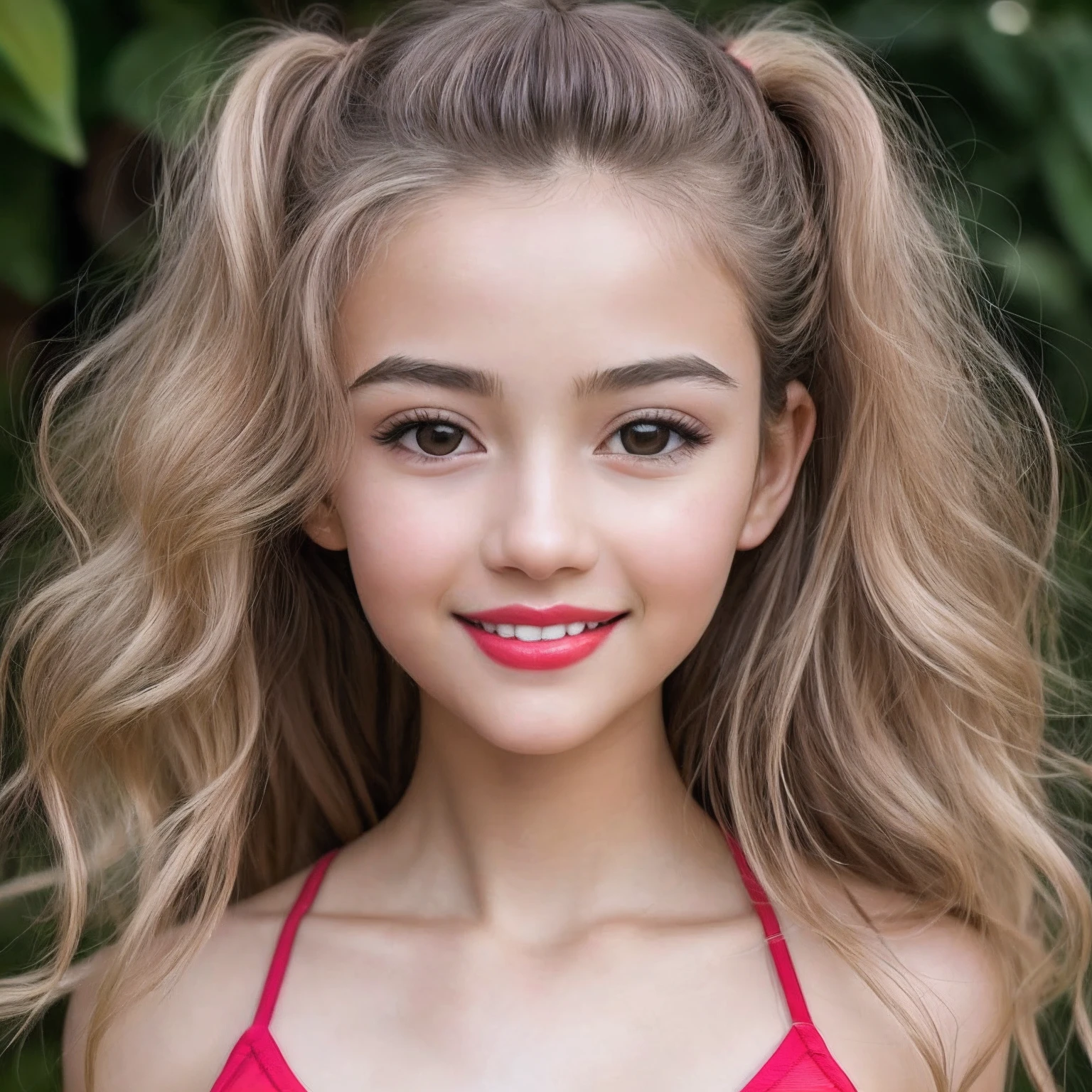 Real people,Highest image quality,tmasterpiece,Beautiful CG,Peerless beauty,Delicate and beautiful facial features,cute female child,cabelos preto e longos,Oily red lip,A sweet smile,ssmile,Smile without showing your teeth,Delicate skin,Shiny,Moisturizes skin,Blushing face,Pure,Close-up ,solo person,Dynamic action,Wear yoga clothes