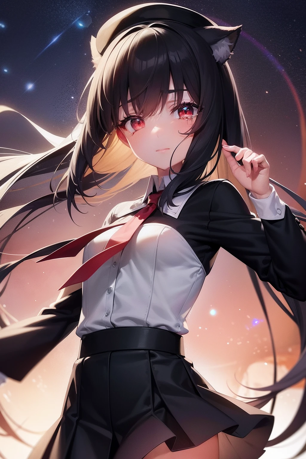 She is tall, Slender Adult Woman,small pectoral muscle,flat chest,She has a flat chest, ((flat chest))Her hair has silver twin tails and cat ears,Tie two black ribbons to your hair, She wears a black beret, She has a very flat chest like a cutting board, flat-chest, She wears a school uniform, She wears a red tie on her chest, A morning of sparkling iridescent Milky Way and hopeful lights, Iridescent Crystal Gemstones, Is pale skinned,She cries、Sheds a lot of tears from the eyes、Crying with a mischievous look、Smile on your lips, Starry sky and sandcastle, She wrapped the magic of red light like a snake in a splash of water, Highest Quality, She wears a black miniskirt((sad)),The face of the big picture, A night light illuminates her back,Wielding a magical girl rod with a large iridescent crescent moon at the tip,Countless shooting stars,Lens Flare, Big rainbow,Big sun blooms、The surface of the water illuminates your back, ((Water brilliance)), chromatic abberation], Digital Painting, Insane details, Intricate details, Beautifully color graded, Unreal Engine, Cinematic , Fantastic, colour grading, Editorial Photography , Photography, Photo Shot, Shot on 70mm lens, depth of fields, degrees of freedom, Tilt Blur, Shutter Speed 1/1000, A/11