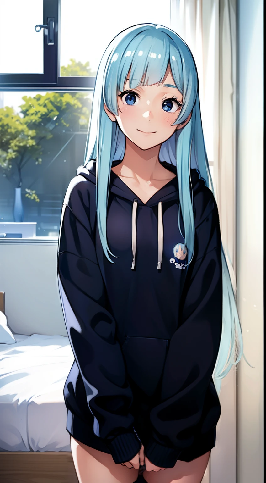 masterpiece, best quality, 1girl, fun, funny, perfect face, expressive eyes, cute, smiling, peace sign, ((two fingers)), happy, mischevious, blue eyes, modern, beautiful cothes,black hoodie, BREAK miwakasumi, light_blue_hair, blunt bangs, long hair, cozy, peaceful, standing, bedroom,window, summer, no pants, tug, hoodie tug, solo, alone, wallpaper, gorgeous, cute girl, simplistic, minimalistic, sensual