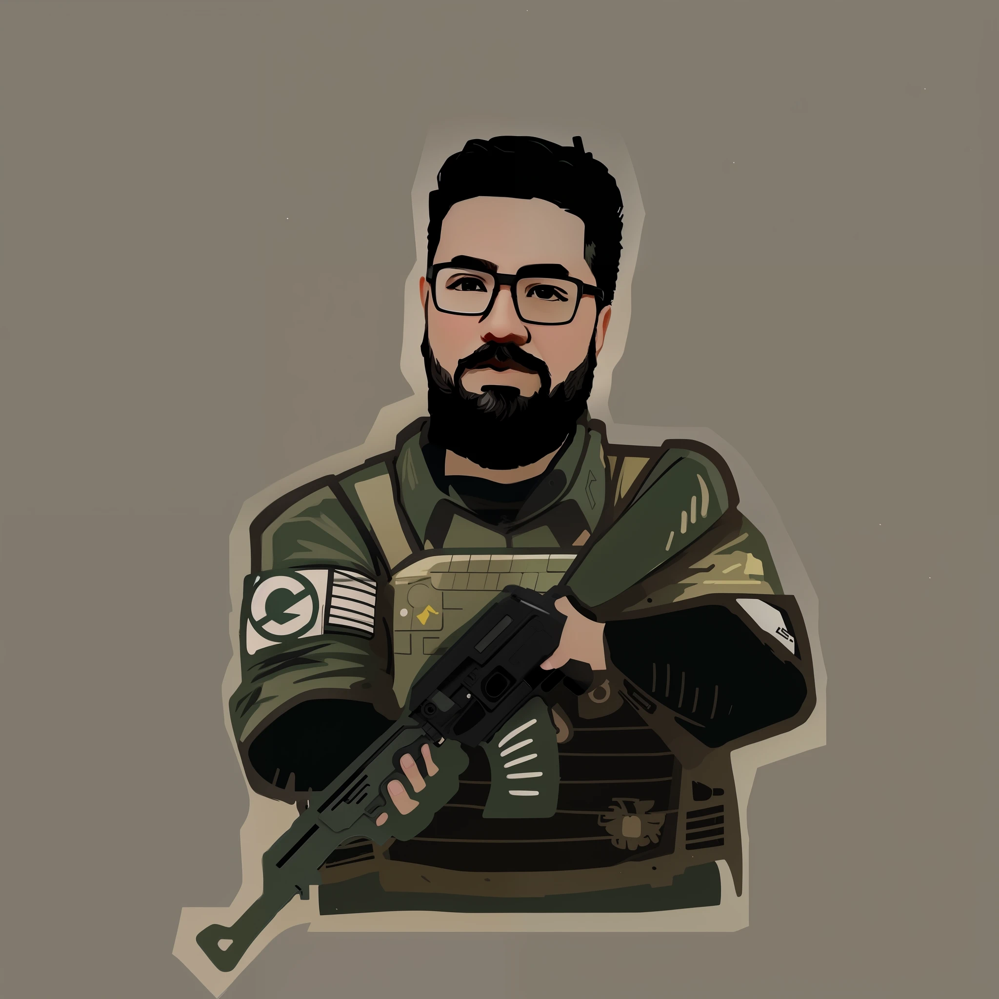 raw, 8k UHD, masterpiece best quality, military green and space gray clothing, desert warfare background, man with gun sticker, csgo sticker, CSGO team sticker, Chunky, minimalist sticker, Telegram Sticker, big boss, telegram sticker design, sticker illustration, Alex Yanes, Harry Volk Style Clip Art,
