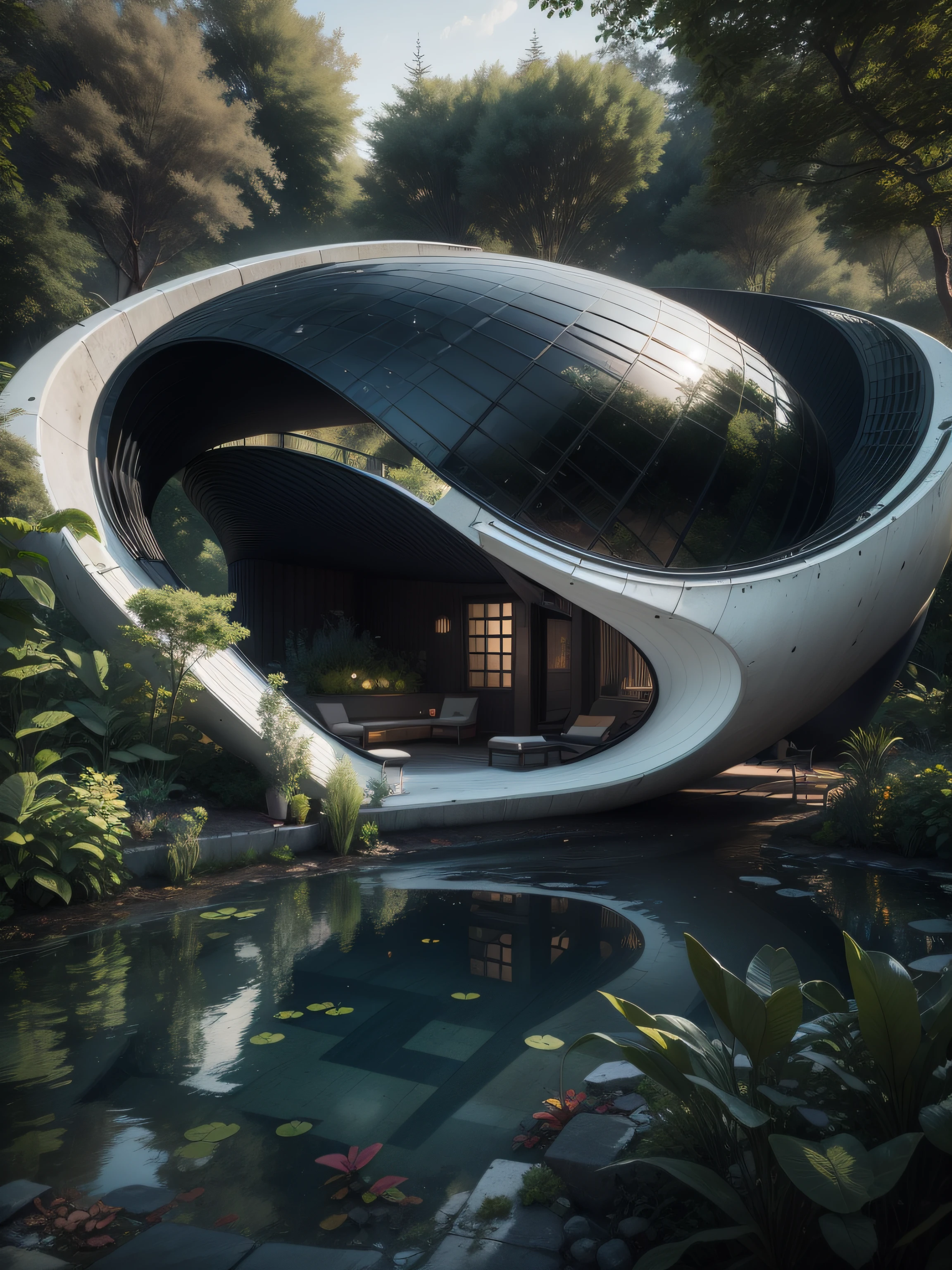 little house perfect egg format, exterior color black piano, by Zaha Hadid, realistic photo of innocense design ::1.6 With pools and gardens. crease surface, sinuous. Cinematic, Photography, Ultra - Wide Angleб hyper - detailed, insane details, covered in plants, intricate details, beautifully color graded, Unreal Engine ::1