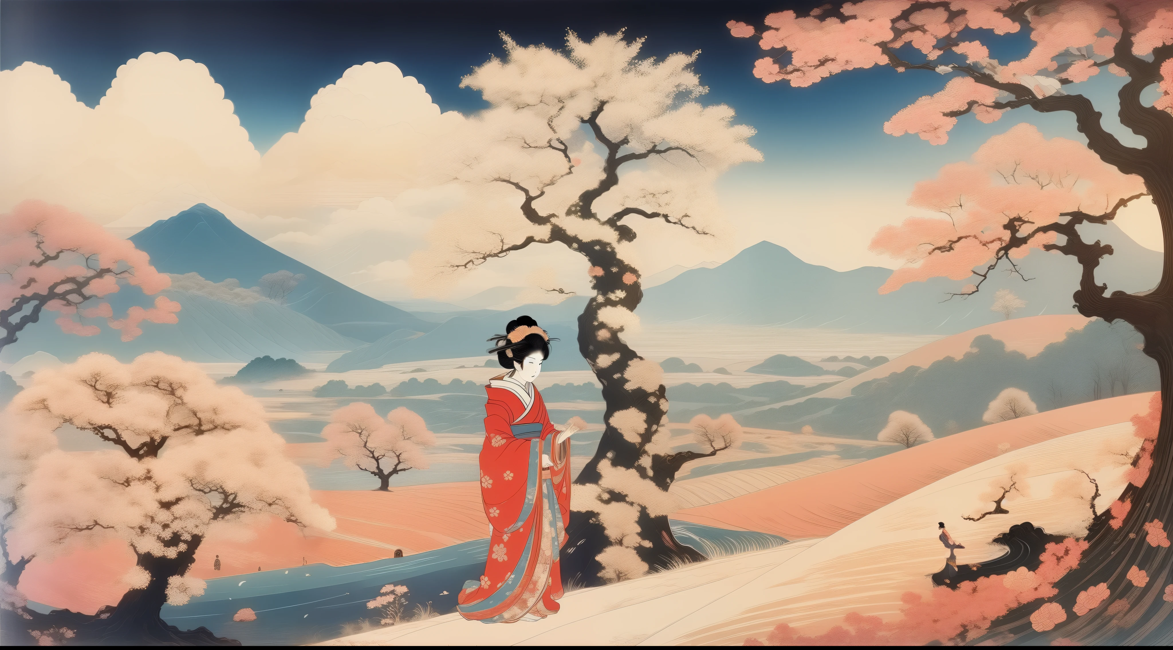 tmasterpiece，Best quality at best，（Very detailed CG unity 8K wallpaper），（Best quality at best），（The best illustrations），A girl in the distance，Kimono Girl，Background with，the cherry trees（nature elements），（Foliage），（tree branch），springtime，Falling cherry blossom petals，（exquisite leaves），Sunnyday，blue-sky ,baiyun， grassy fields，Isometric 3D, Octane rendering, Ray traching, ultra - detailed