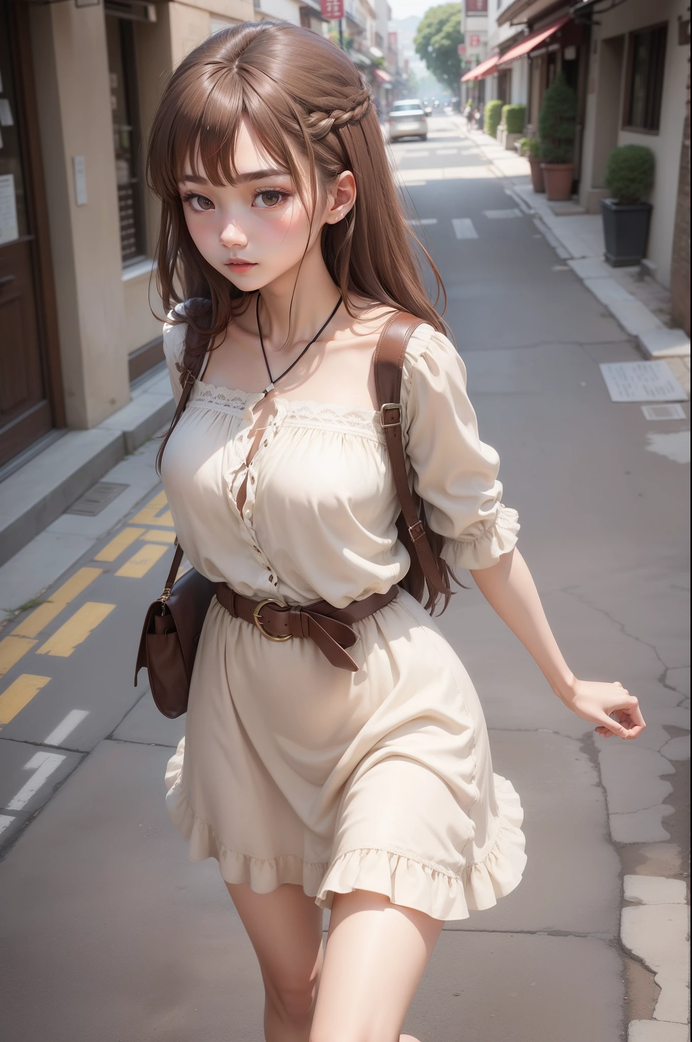 Delicate brown hair,Loose clothes made of rayon material,、Cream Dress、Knotted belt、Slender woman、Walking、Super Detail,Anatomically correct、Ray traching,细致背景、