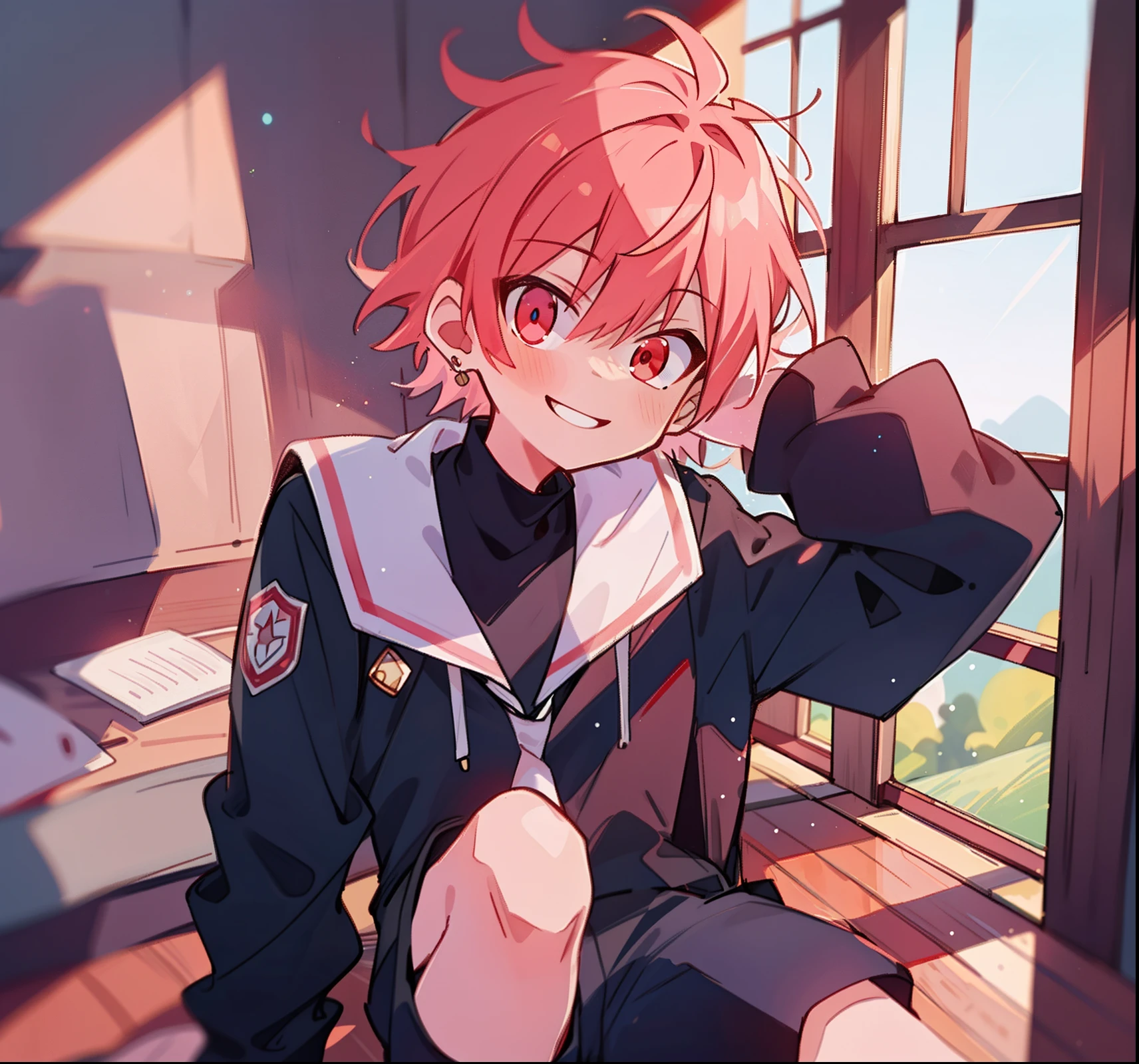 (hightquality, Breathtaking),(Expressive eyes, Perfect face), 1boys, Solo, Short, Young boy, short light pink hair, Red Eyes, Smiling, Black school uniform, Wear shorts, urban envrionment, Cyber Costume, Short shorts, Virtual Worlds