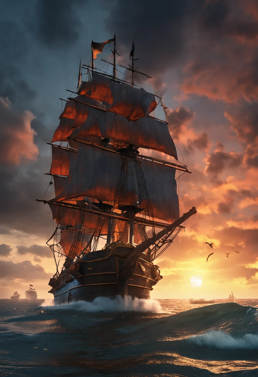 Pirate ship attacking merchant ship (time) (1718), cannon fire, fiery explosions, smoke filled sky, sinking ship, pirates on deck, early morning, whale jumping out of water, (highly detailed:1.3) extreme detail, volumetric God rays, realistic, 8k resolution, vibrant colors. wide screen resolution