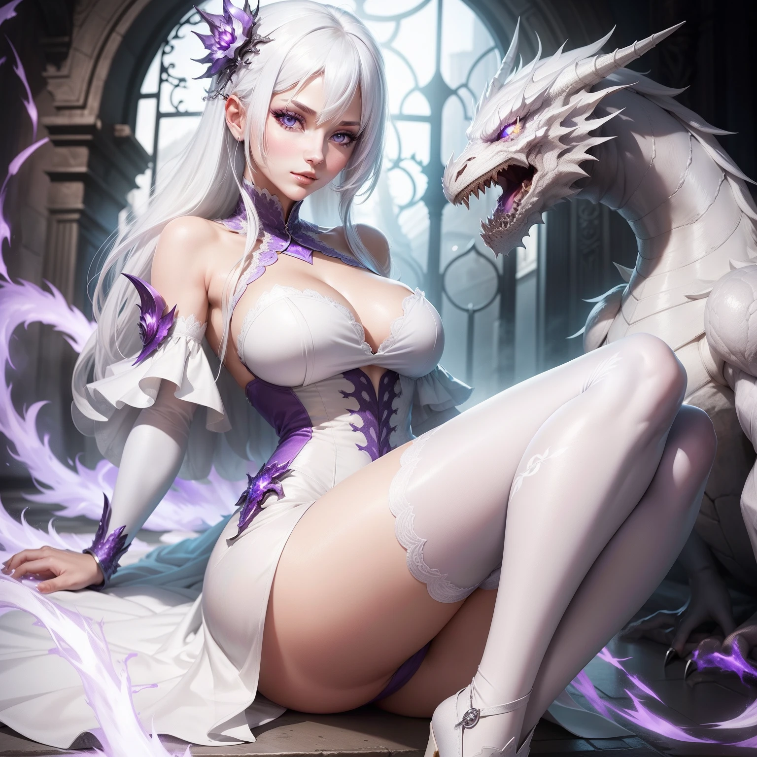 a women, white hair, purple eyes, white dress, silver dragon