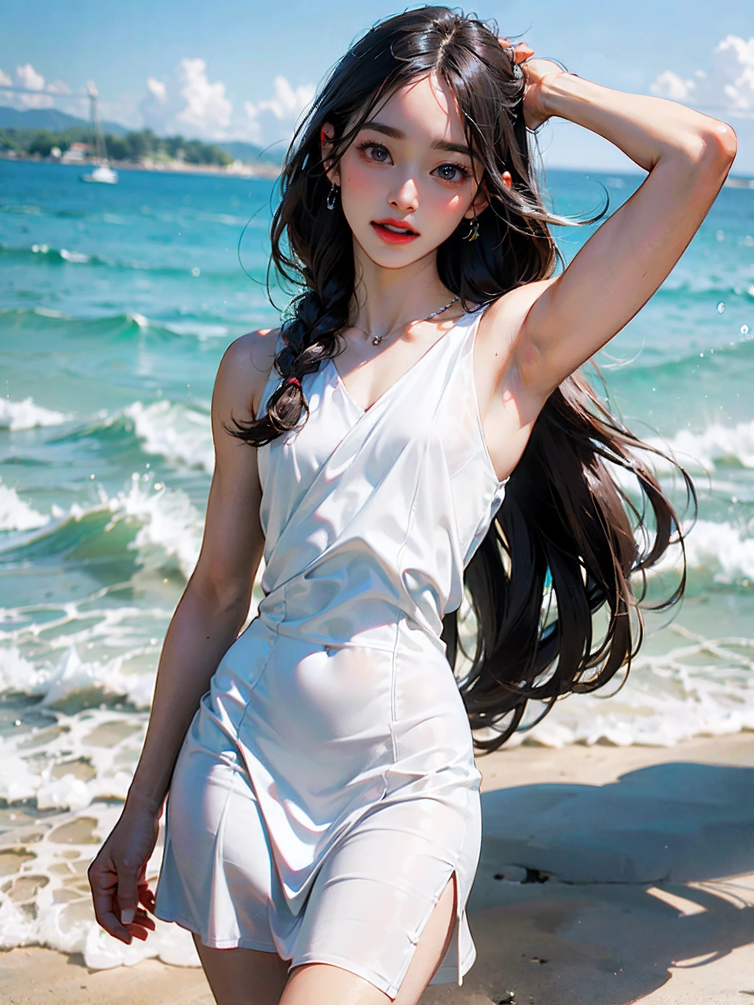 (Masterpiece, Real: 1.4), (Very Complex: 1.2), >, Close Shot, Portrait, (Upper Body: 1.2), (From the front: 1.3), (White Sexy Underwear)), (Long Dress: 1.2), Very Long Hair, Chest, Bare Shoulders, Sky, Sea, Water, Watching the Viewer, Italian, Head Tilt, Wind, Clouds, Daylight, Outdoor, 1 Girl, Solo, Break, Cinematic Lights, Ultra High Definition, 8k UHD, film grain, perfect anatomy, exquisitely detailed skin, best shadow, delicate, RAW, high resolution, (((thin fabric)), ((sheer)), ((protruding hard,