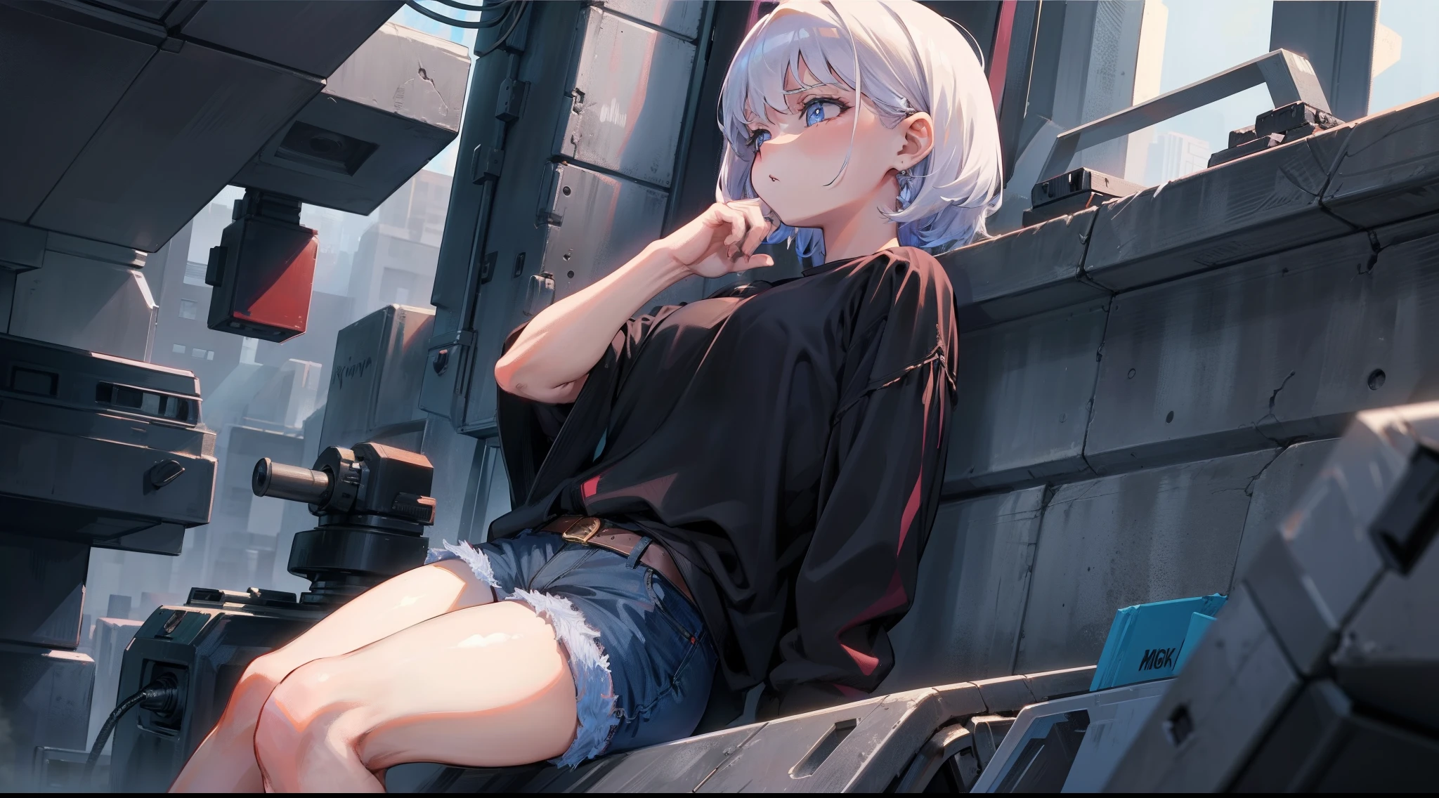 ((perfect whole body)), melancholy, quiet, calm, bright, masterpiece, best quality, 1girl, (JinxLol:1.2), (ultra photorealistic:1.3), (masterpiece:1.4), best quality, ((realistic)), high quality, ultra detailed, ((real image)), ((realistic skin)), ((realistic face)),(illustration:1.05), (beautiful:1.05), (beautiful detailed eyes:1.05), (cinematic light:1.1), blue in the detachments, perfect whole body, slender silhouette, thin, small breasts, thick thighs, black and blue clothing, white sneakers