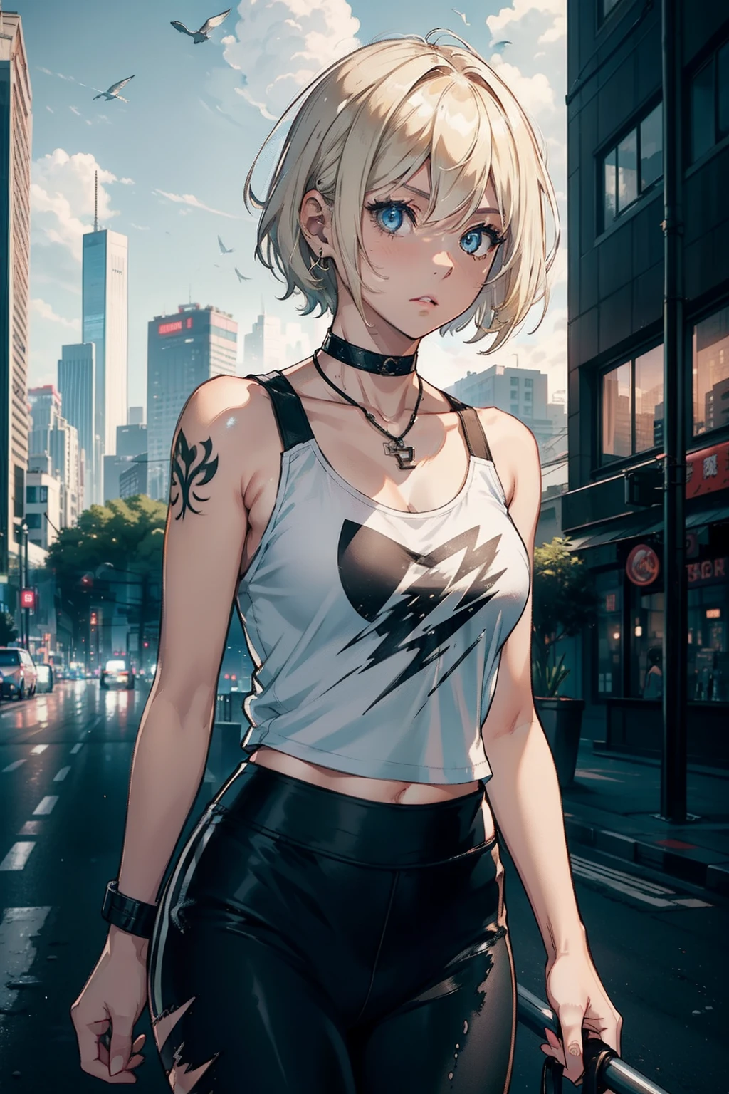 young girl, short hair, blond hair, black lock with thunder form, taattooed arm, black thunder tattoos, white tank top shirt, black legging, in one scrycrapper, looking one gian glass, landscape a city, birds in the air, 4k