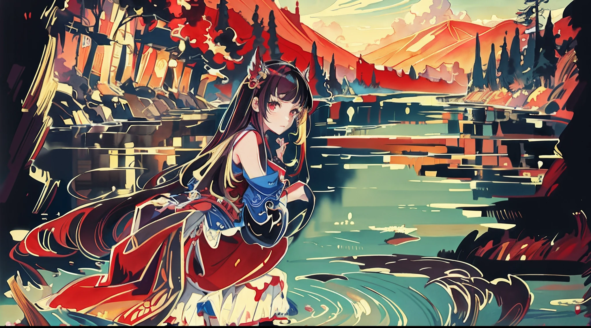 Anime - Painting in the style of a woman in a red cloak and a dog in a lake, serene illustration, A beautiful artwork illustration, Anime girl walking on water, inspired by Tosa Mitsuoki, fantasy watercolor, Anime fantasy illustration, full-colour illustration, Digital anime illustration, full color digital illustration, Watercolor illustration style, Anime style illustration, anime illustration