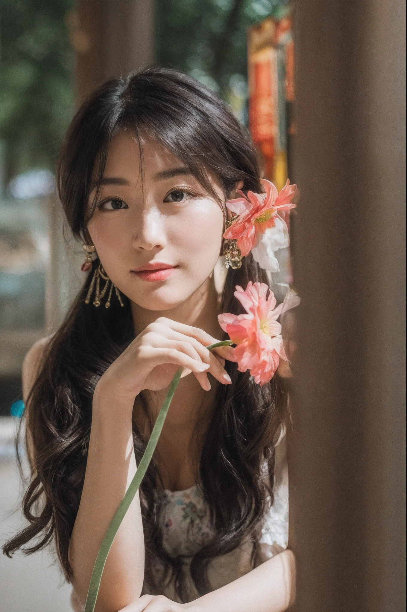 (8K, RAW photo, Photorealistic:1.25) ,( Gloss on lips,glossy finish, Glossy glossy skin, Best quality, 超A high resolution, color difference, Caustics, Wide light, naturalshadow) look with serenity and goddess-like bliss to the spectators,(depth of fields:1.6), (colorful unfocused lights on background:1.2) ,very natural make-up,Cloudy day shooting ,Large breasts,slender eyes.downcast eyes. A distant look in her eyes、(Smile:2)Smile,(Gorgeous summer dress)(Fashion professional model)、Radio City、Medium hair