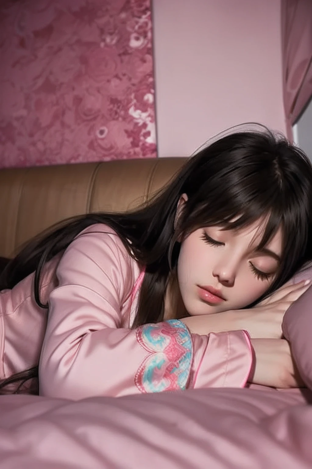 Sleeping girl, 22 years old, Realistic, Lie down in bed,Wear pink pajamas,Brown hair. --auto --s2