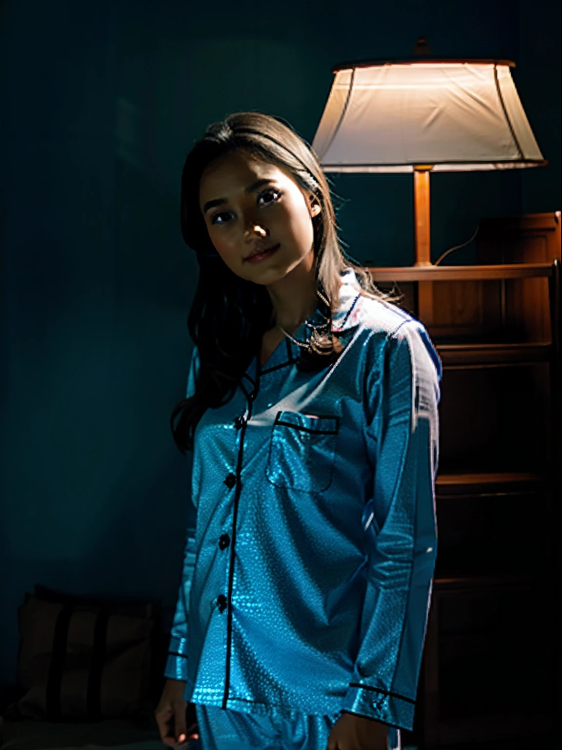 realistic, a girl wear pajamas in a dark room (no light) the only light is from reading lamp. — AR 3:4