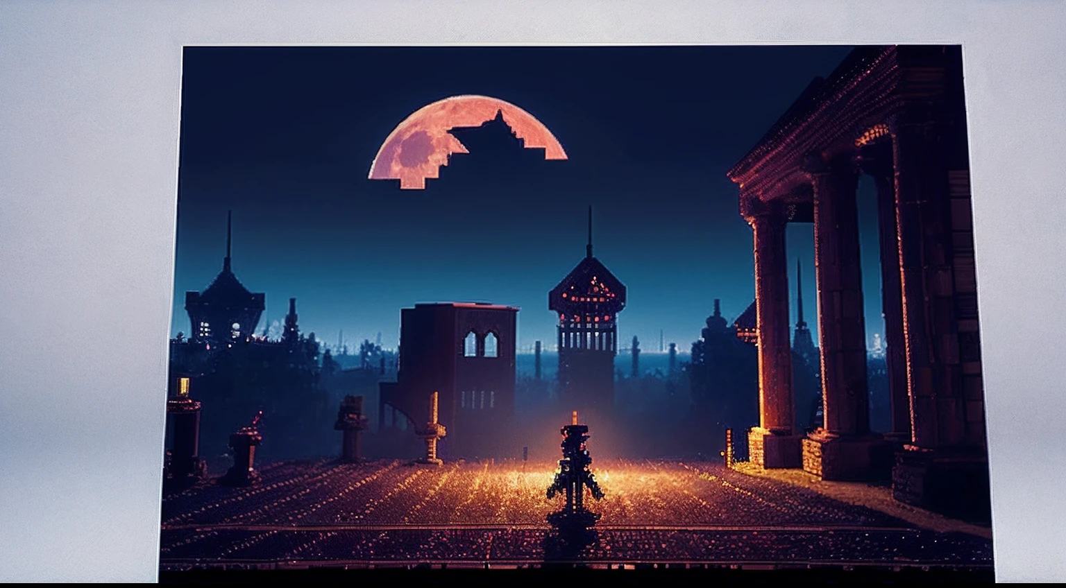 pixel game,scenography,fantastical scenes,Bloody moonlit night,Red Moon,Vampires,the bats,levitating, Pixel art #pixelart