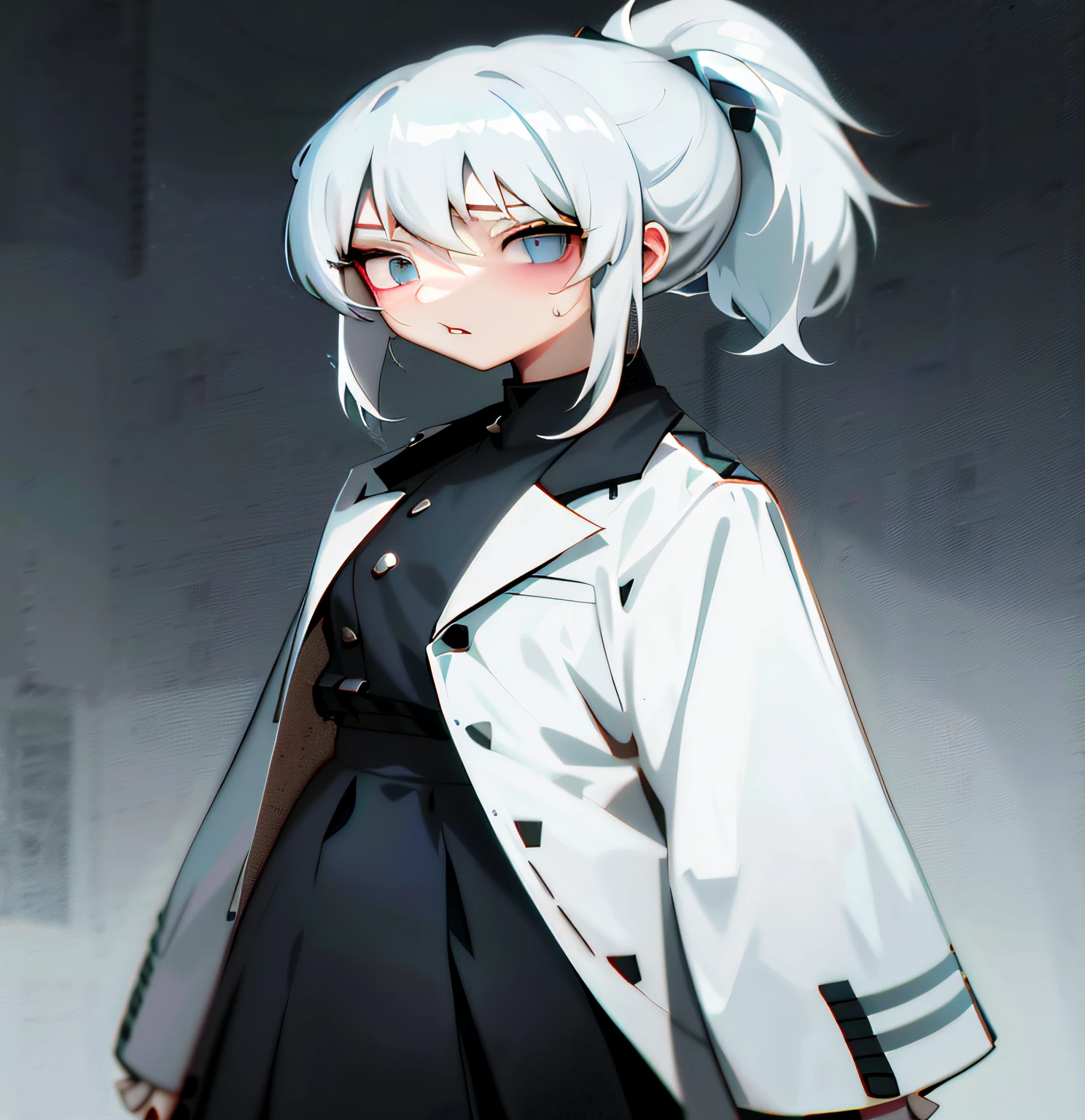 anime - style image of a woman with white hair and blue eyes, white haired Cangcang, White-haired girl, Kantai collection style, Girl with white hair, Anime moe art style, from girls frontline, girls frontline style, Perfect white haired girl, white haired lady, anime style character, Girl with short white hair, female anime character, Anime figure, portrait anime girl，Black tight vest，sweat shorts，White coat，Angry expressions，irate，Angry