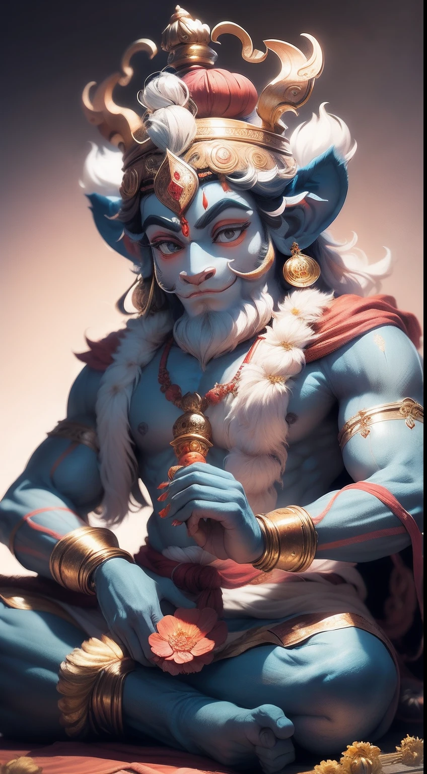 The majestic Panchamukihanuman stands tall, His five faces exude divine power, As he looked down at the puja ceremony.