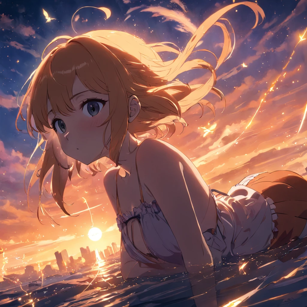 obra-prima, melhor qualidade, filme ainda, floating into the sky, close-up, brilhante, feliz, Soft lighting and Warm, sun sunset, (Sparks: 0,7)
