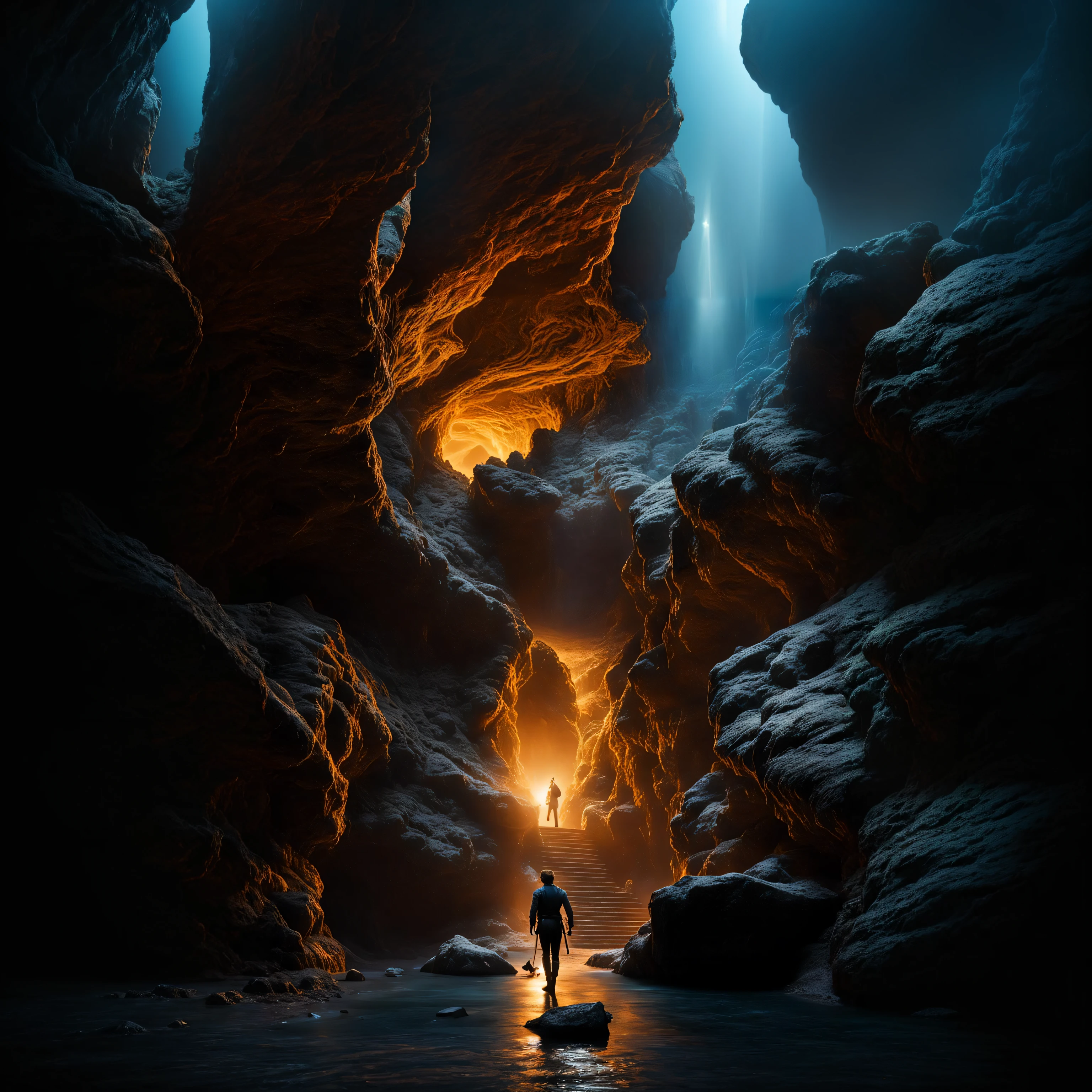 arafed man walking up a staircase in a cave with a bright light coming from behind, cave exploration, unreal engine 5 digital art, inspired by Michał Karcz, unreal engine 5 render dramatic, lost in a cave, max rive, cinematic photograph concept art, cinematic 4k wallpaper, cinematic 4 k wallpaper, magical cave