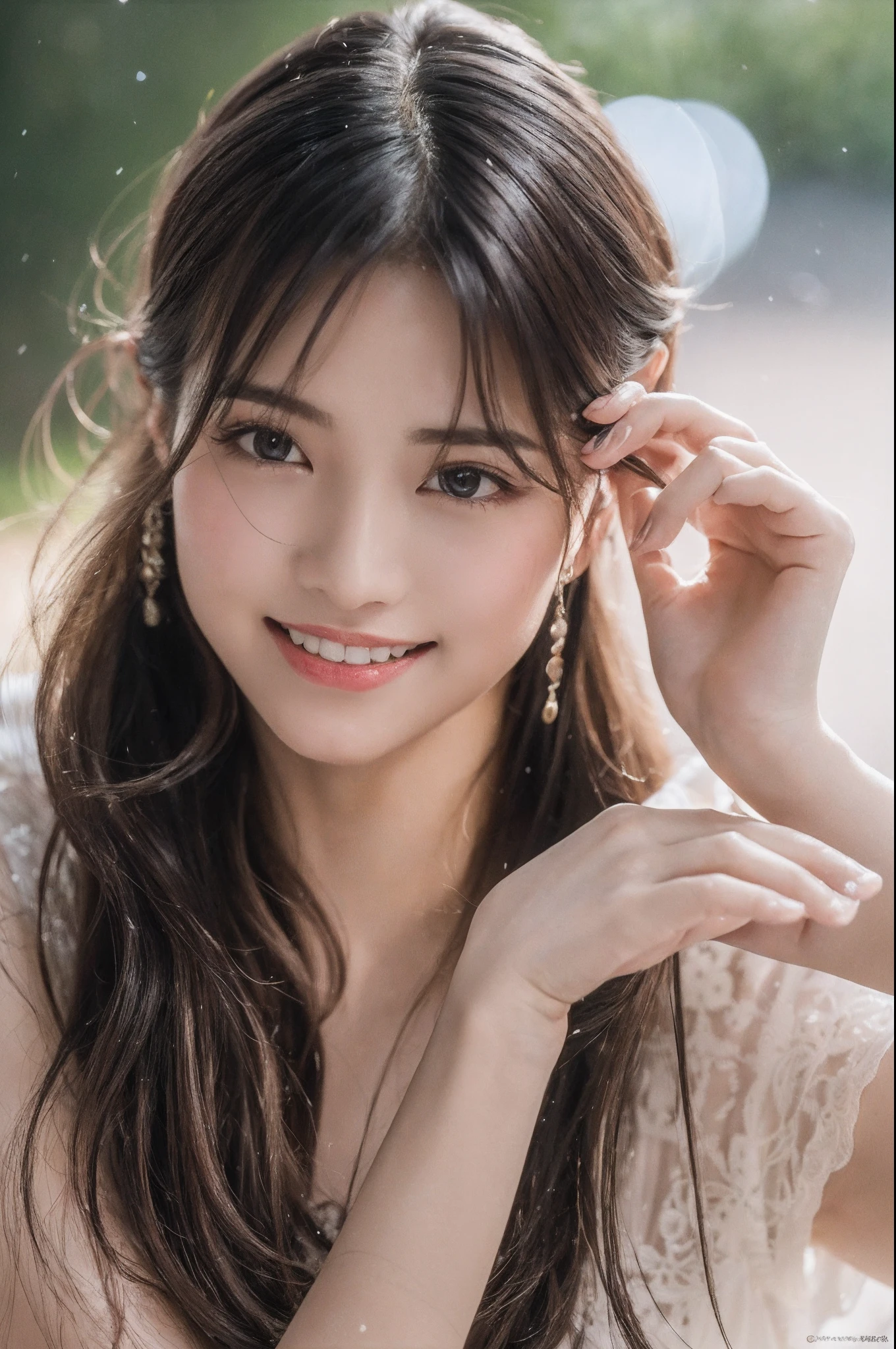 (8K, RAW photo, Photorealistic:1.25) ,( Gloss on lips,glossy finish, Glossy glossy skin, Best quality, 超A high resolution, color difference, Caustics, Wide light, naturalshadow) look with serenity and goddess-like bliss to the spectators,(depth of fields:1.6), (colorful unfocused lights on background:1.2) ,very natural make-up,Cloudy day shooting ，Large breasts，slender eyes.downcast eyes. A distant look in her eyes、（Smile:2）Smile，(Gorgeous summer dress)(Fashion professional model)、Radio City、Medium hair