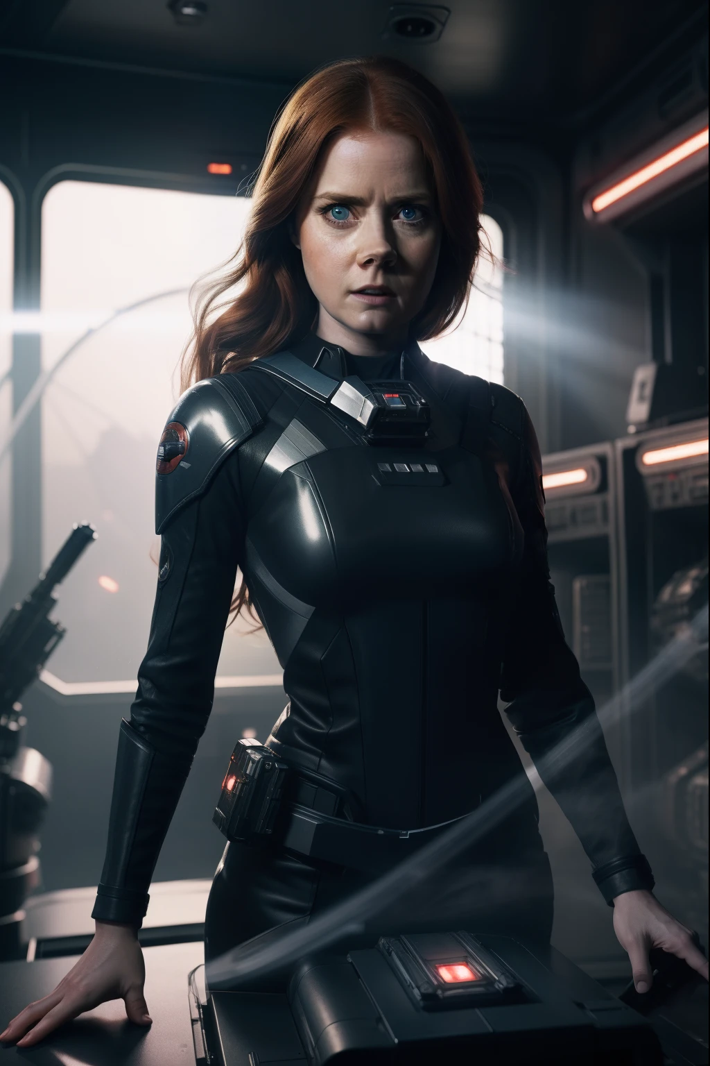 Hot terrified Amy Adams holding a sci fi blaster on Ishimura Horror Space Ship photography, natural light, photorealism, cinematic rendering, ray tracing, the highest quality, the highest detail, Cinematic, Third-Person View, Blur Effect, Long Exposure, 8K, Ultra-HD, Natural Lighting, Moody Lighting, Cinematic Lighting