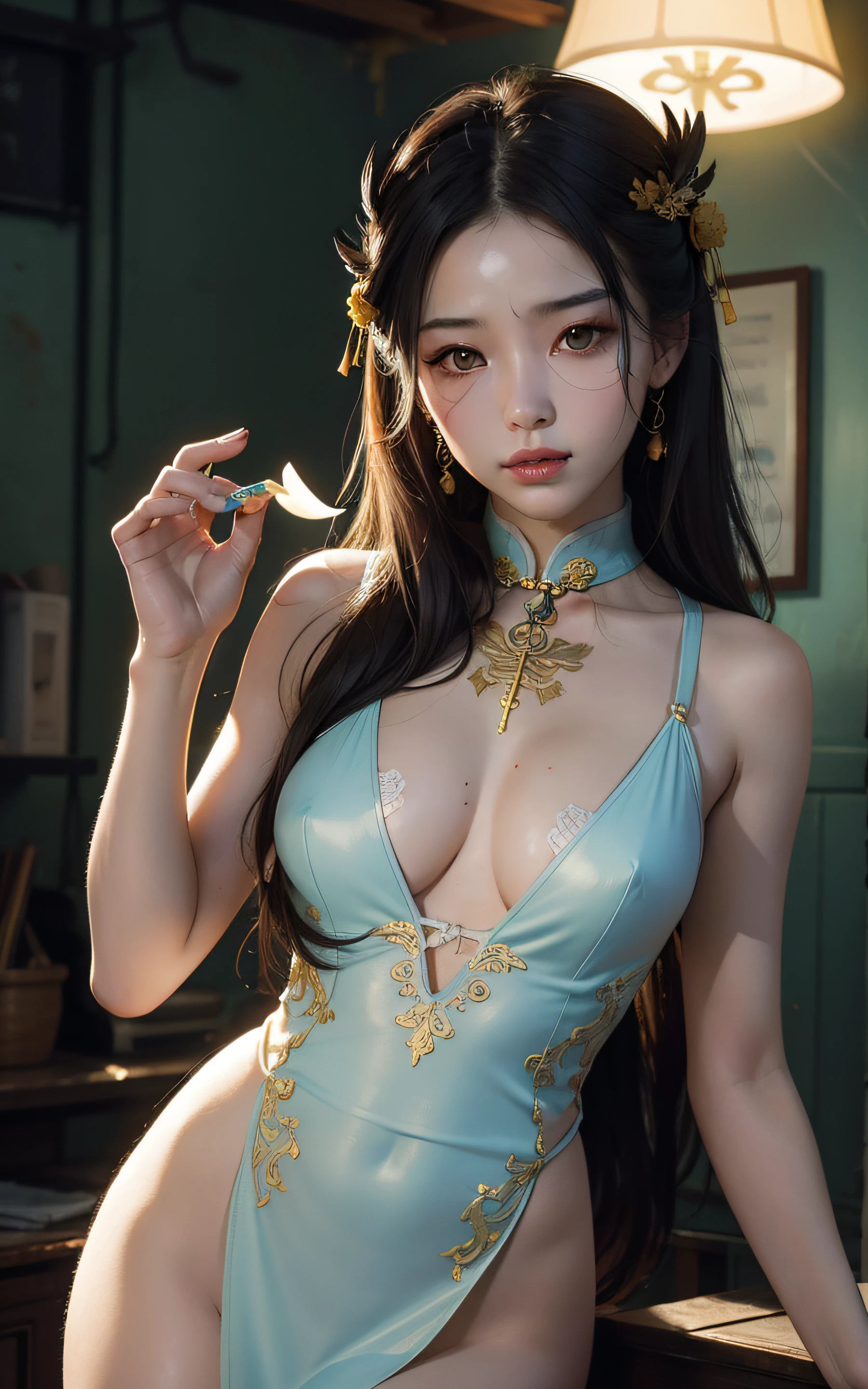 RAW, masterpiece, super fine photo, best quality, super high resolution, realistic, sunlight, a beautiful woman with yellow rune paper on her face, many yellow Taoist rune paper pasted on her body, worn cheongsam, female zombie, Hong Kong Lin Zhengying zombie movie character, cyan skin, fair skin, amazing beauty, dynamic pose, delicate face, abandoned warehouse
