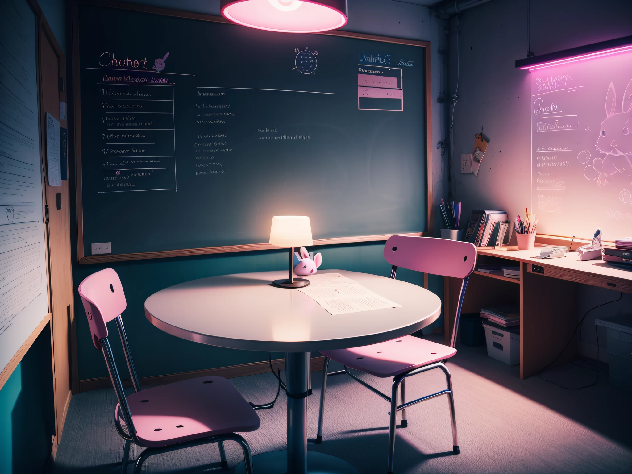 ( night ) school interior ( table , chair , whiteboard, book ) , little bunny art on whiteboard , pink and blue neon light.