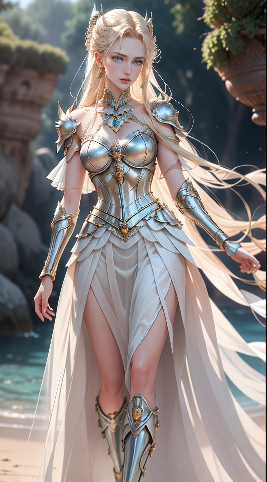 8K  UHD，RAW photo，A woman in silver armor，Skirt armor，Handsome girl，long whitr hair，blonde with blue eyes，The face is delicate，Delicate skin，Full breasts，Crystal clear lips，Slender legs，(Real Human:1.3)，(A high resolution:1.4)，(A detailed:1.5)，(photorealestic:1.7)，RAW photo，Portrait Photogram，Real Human，RAW photo，超A high resolution，Foto realism，best qualtiy，(highdetailskin，skin detailed)，Visible Pore，Shiny skin，tmasterpiece，，finedetail，Colorization，Extremely Delicately Beautiful，Extremely detailed 8k wallpaper，8K high quality，Digital SLR，Girl with beautiful details，(looking at viewert)，professional photograph lighting，Faraway view，Full body photo，in a panoramic view