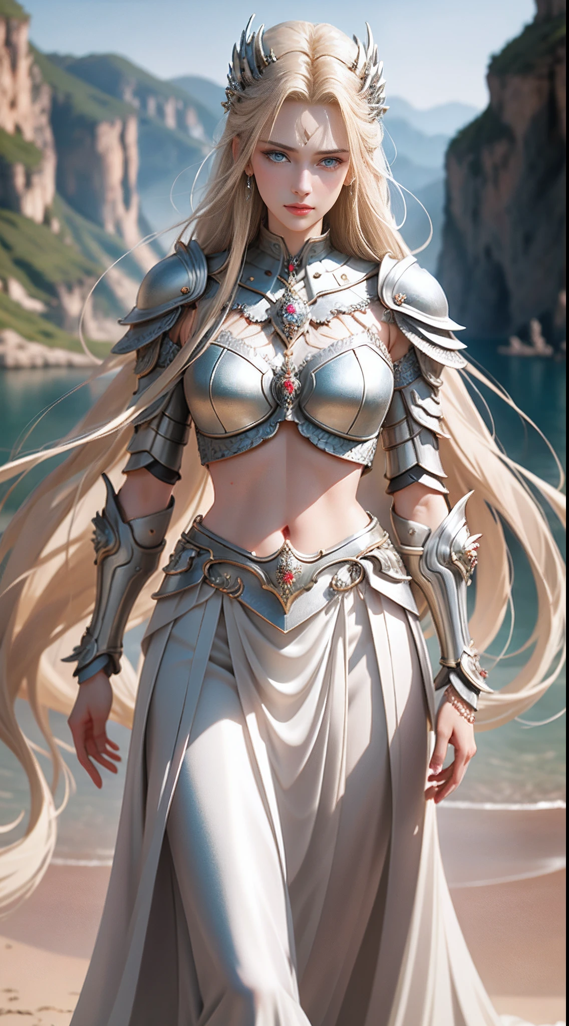 8K  UHD，RAW photo，A woman in silver armor，Skirt armor，Handsome girl，long whitr hair，blonde with blue eyes，The face is delicate，Delicate skin，Full breasts，Crystal clear lips，Slender legs，(Real Human:1.3)，(A high resolution:1.4)，(A detailed:1.5)，(photorealestic:1.7)，RAW photo，Portrait Photogram，Real Human，RAW photo，超A high resolution，Foto realism，best qualtiy，(highdetailskin，skin detailed)，Visible Pore，Shiny skin，tmasterpiece，，finedetail，Colorization，Extremely Delicately Beautiful，Extremely detailed 8k wallpaper，8K high quality，Digital SLR，Girl with beautiful details，(looking at viewert)，professional photograph lighting，Faraway view，Full body photo，in a panoramic view