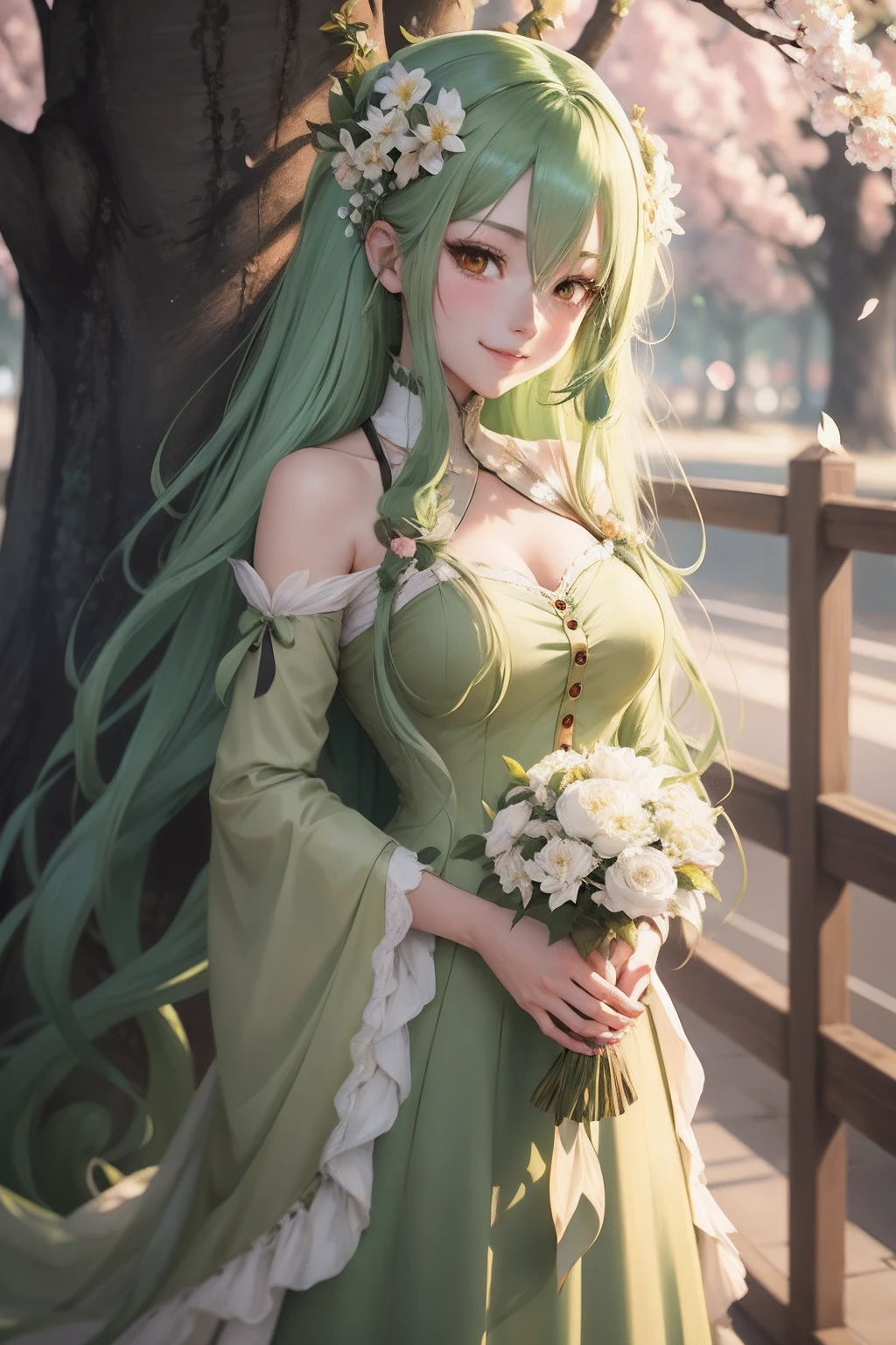 anime girl with long green hair holding flowers in front of a tree, beautiful anime girl, beautiful anime artwork, anime art wallpaper 4 k, anime art wallpaper 4k, anime art wallpaper 8 k, anime style 4 k, beautiful anime art, beautiful anime, beautiful anime portrait, guweiz on pixiv artstation, cute anime waifu in a nice dress, smiling