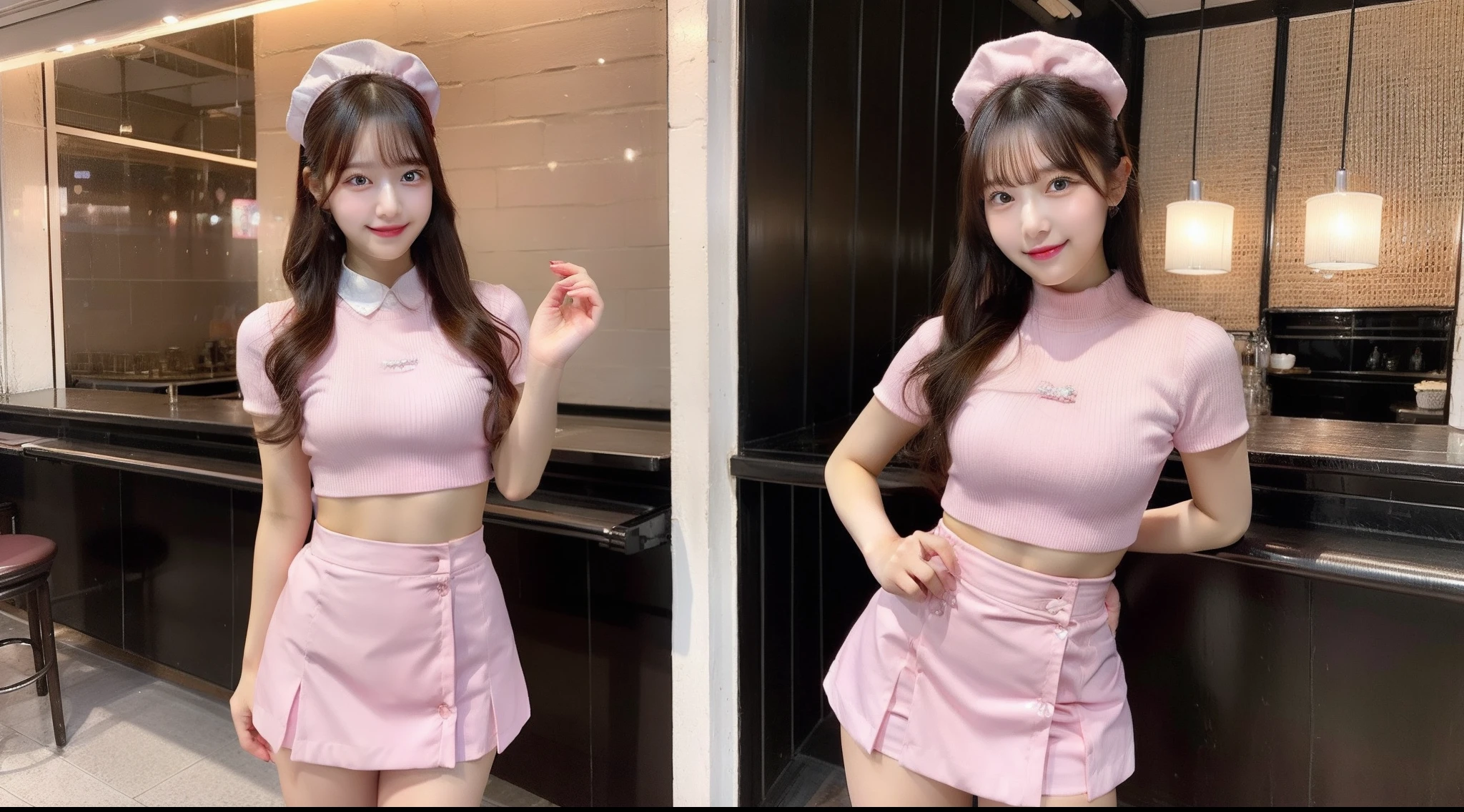 20-year-old waitress in a pink miniskirt