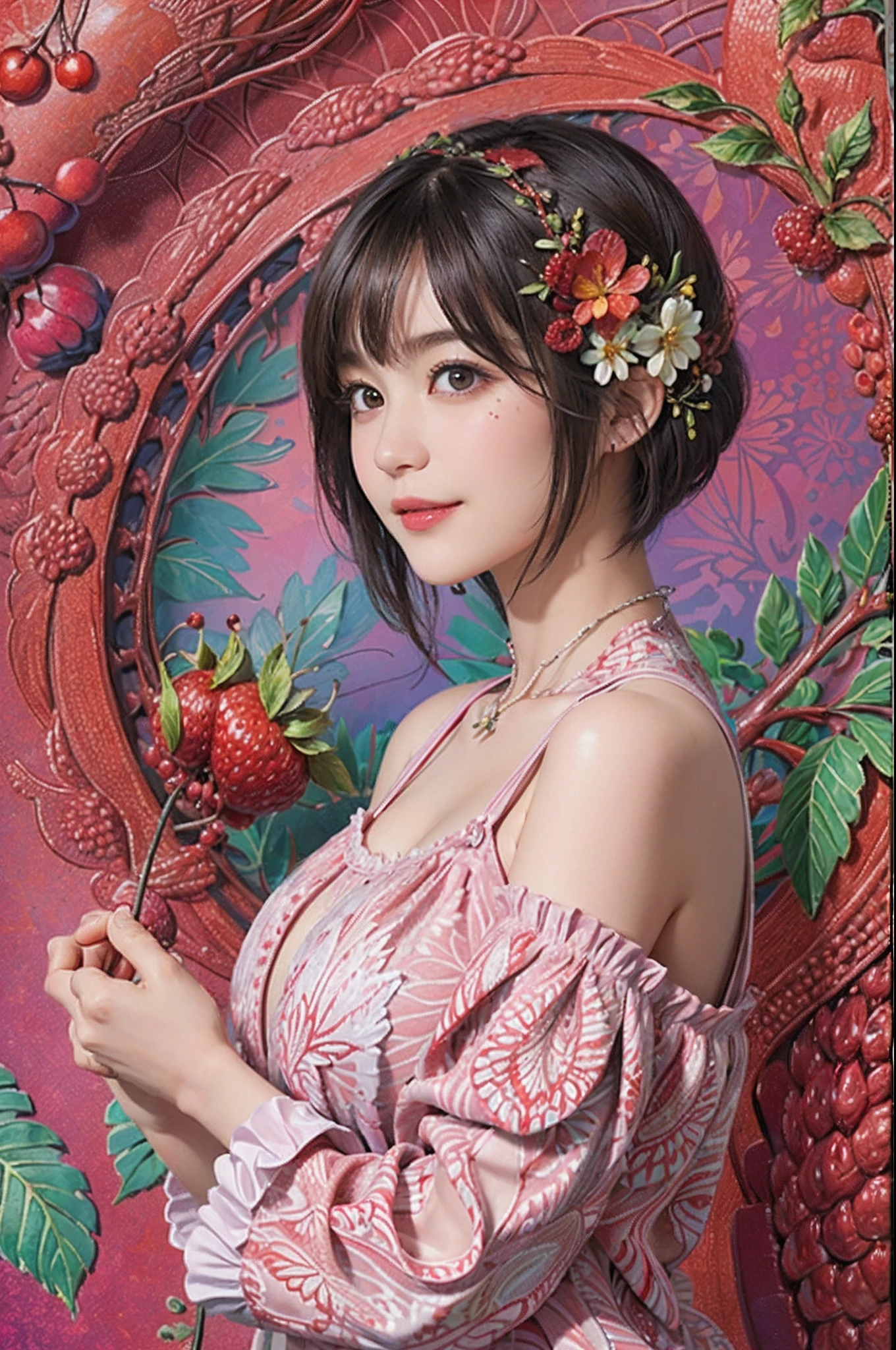 (Ultra detailed backgrounds、detailedbackground)、Abstract、Hi-Res、ultra-detailliert、ighly detailed、1womanl、(Floral clothing)、(Zentangle:1.2)、(fractals:1.2)、(colourfull)、(A dark-haired、Berry - Shorthair:1.3)、Smile Splash、((Breast))