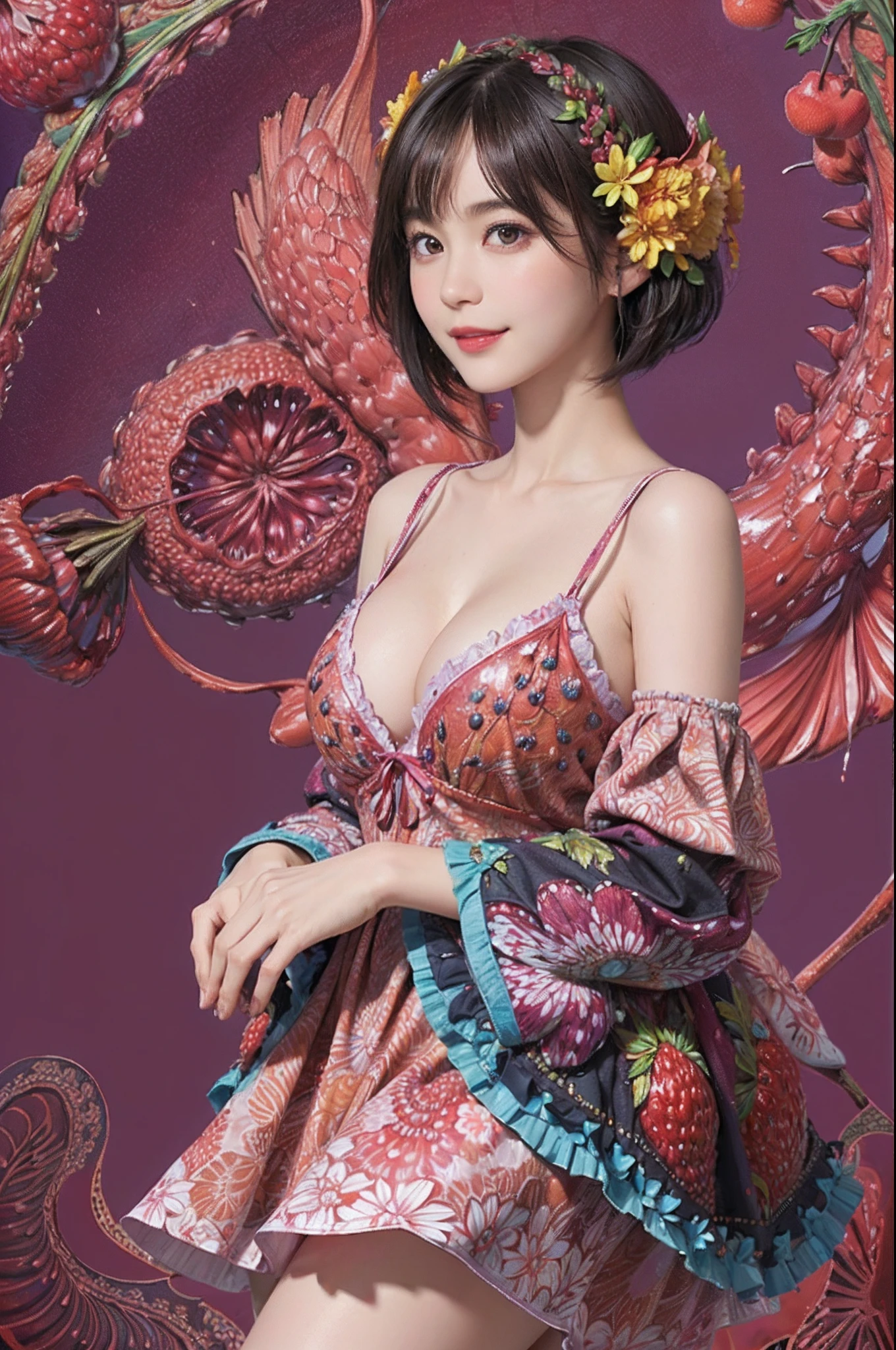(Ultra detailed backgrounds、detailedbackground)、Abstract、Hi-Res、ultra-detailliert、ighly detailed、1womanl、(Floral clothing)、(Zentangle:1.2)、(fractals:1.2)、(colourfull)、(A dark-haired、Berry - Shorthair:1.3)、Smile Splash、((Breast))
